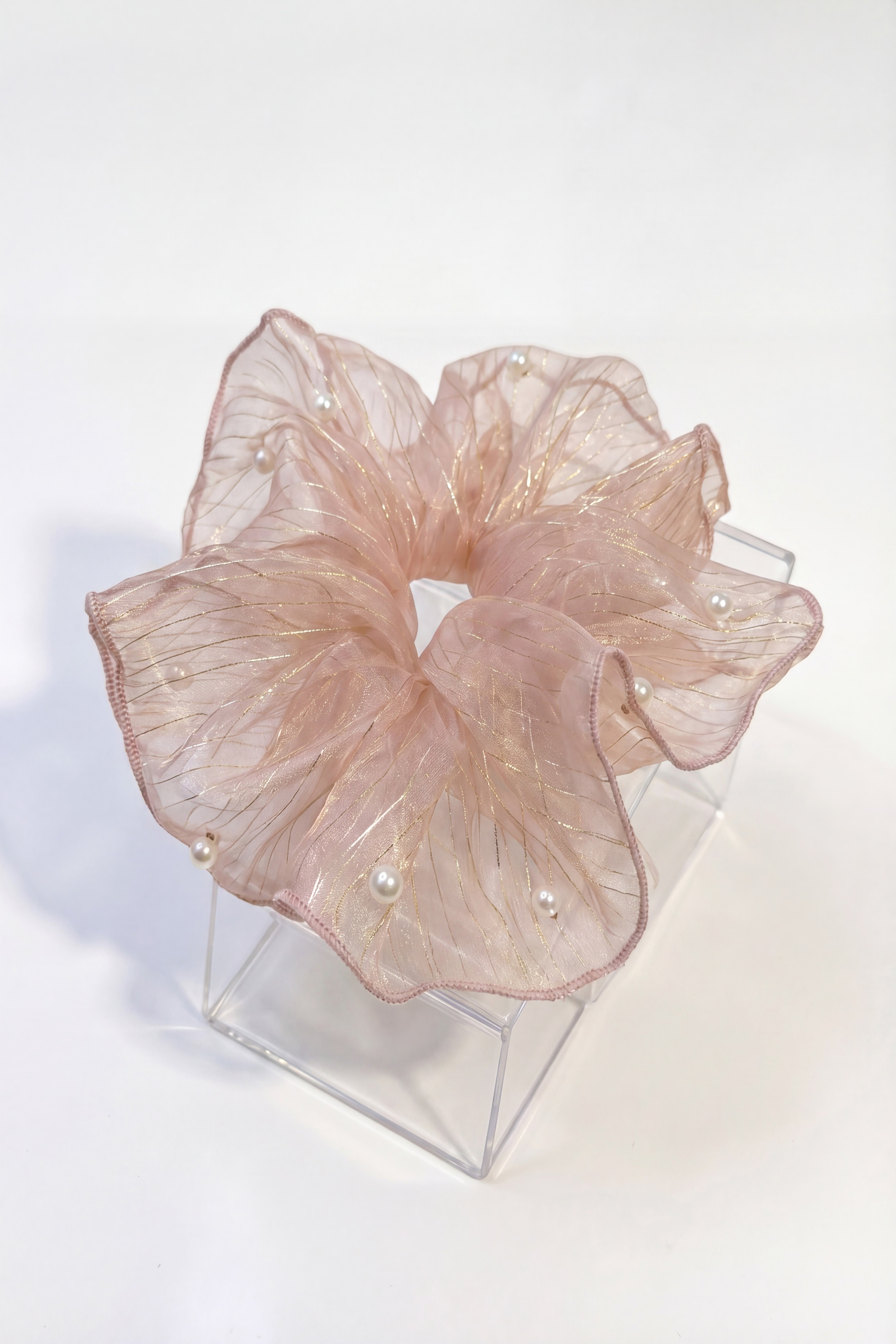 Pearl Organza Oversized Hair Scrunchie – Elegant Sheer Ponytail Holder With Box