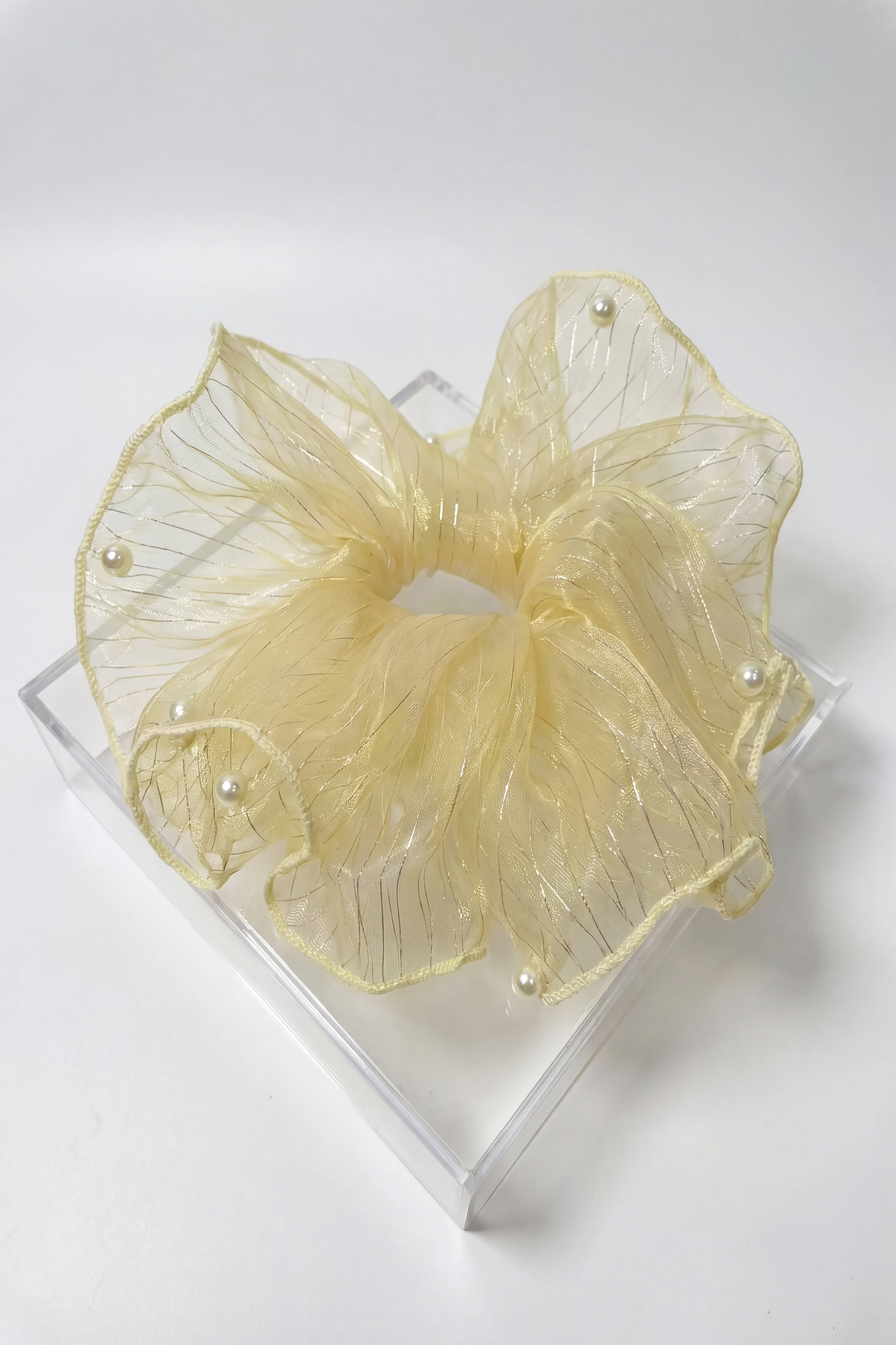 Pearl Organza Oversized Hair Scrunchie – Elegant Sheer Ponytail Holder With Box
