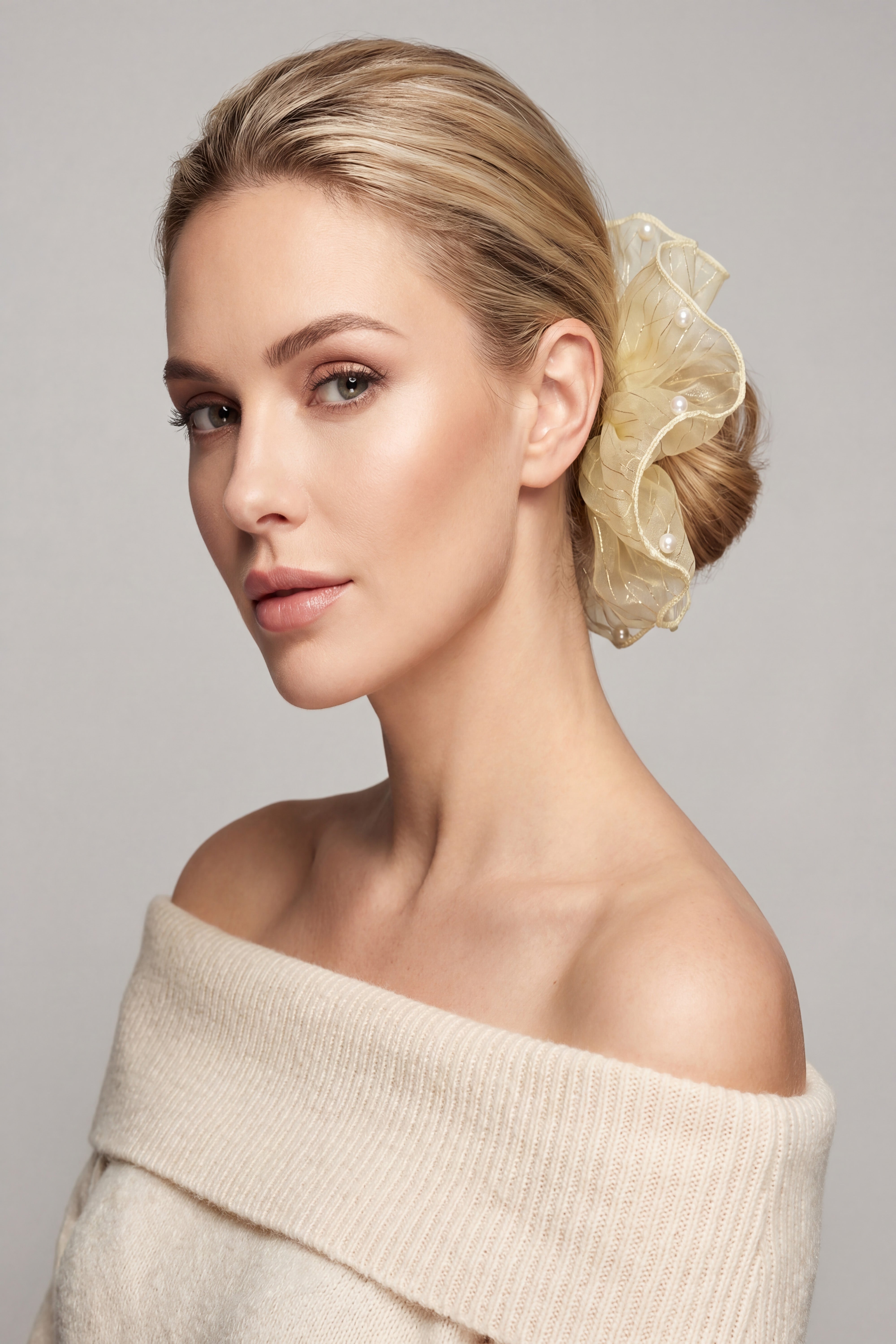 Pearl Organza Oversized Hair Scrunchie – Elegant Sheer Ponytail Holder With Box
