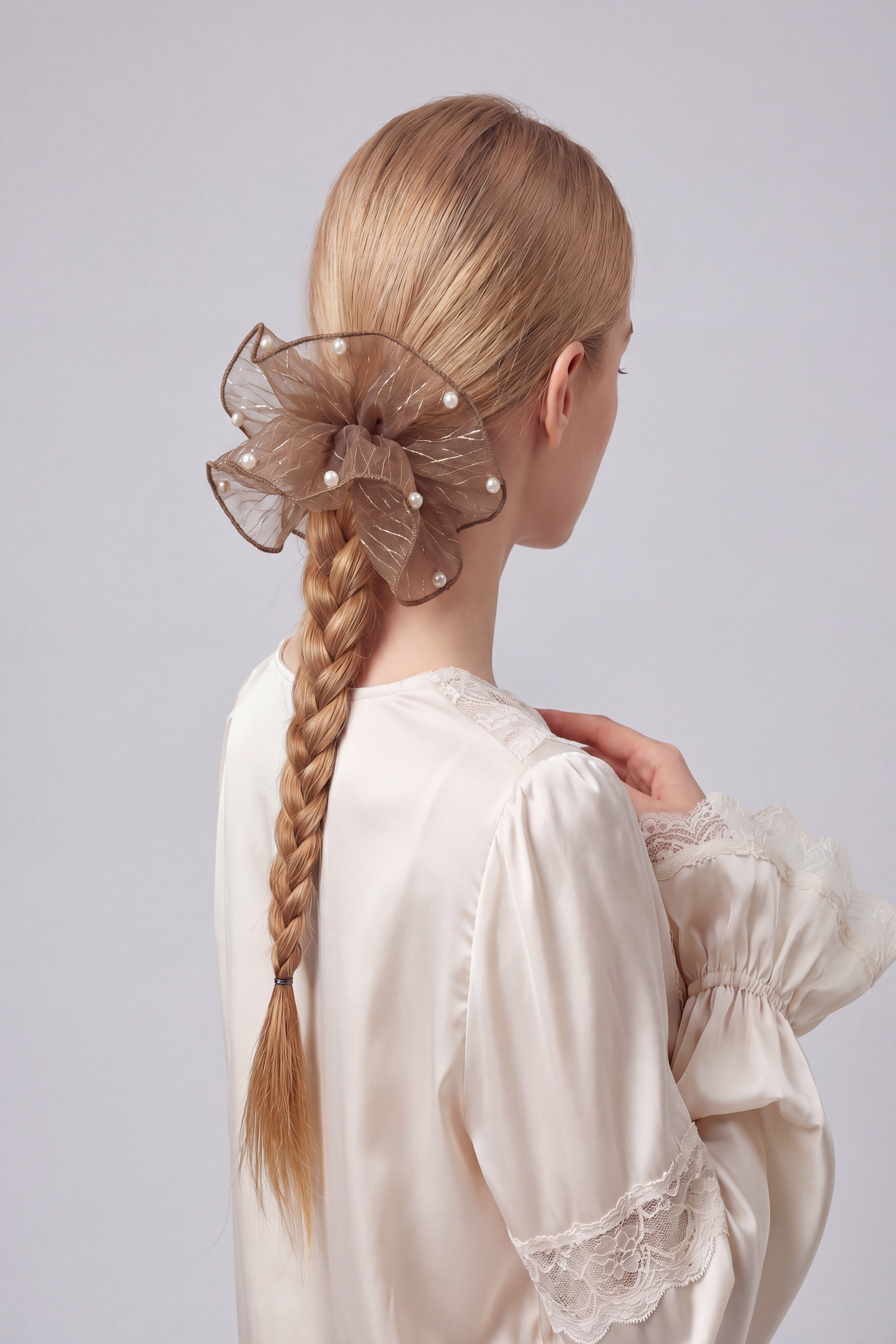Pearl Organza Oversized Hair Scrunchie – Elegant Sheer Ponytail Holder With Box