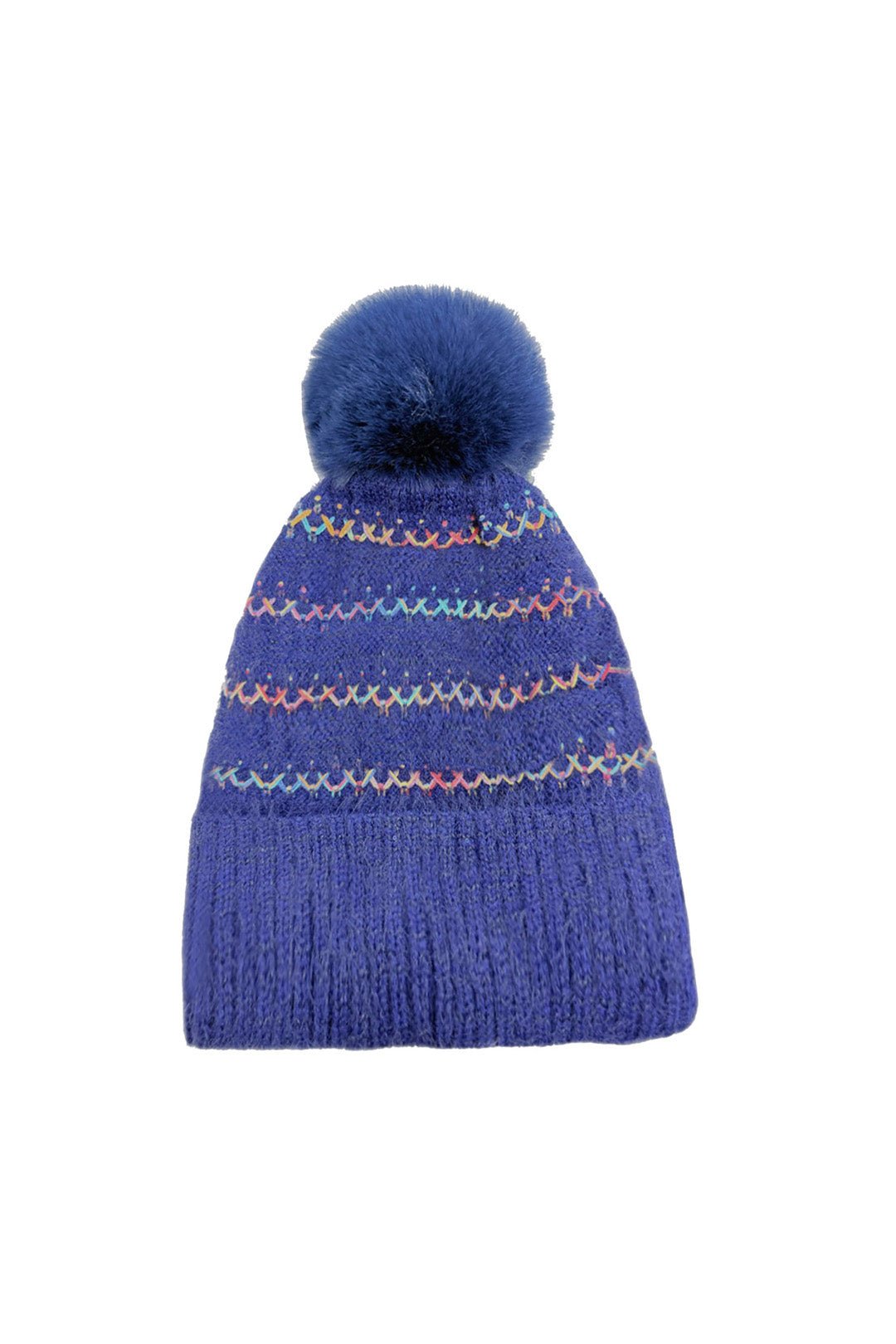 Pom Pom Hat with Colourful Cross Stitch Detail