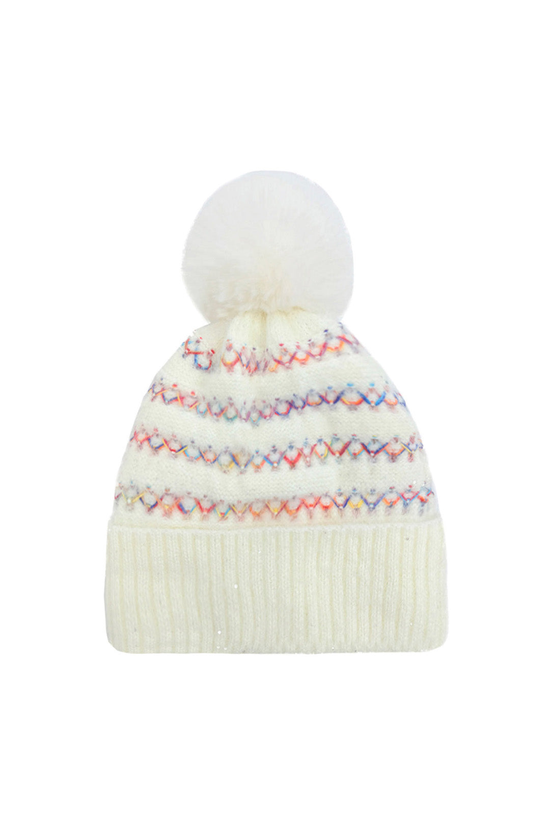 Pom Pom Hat with Colourful Cross Stitch Detail