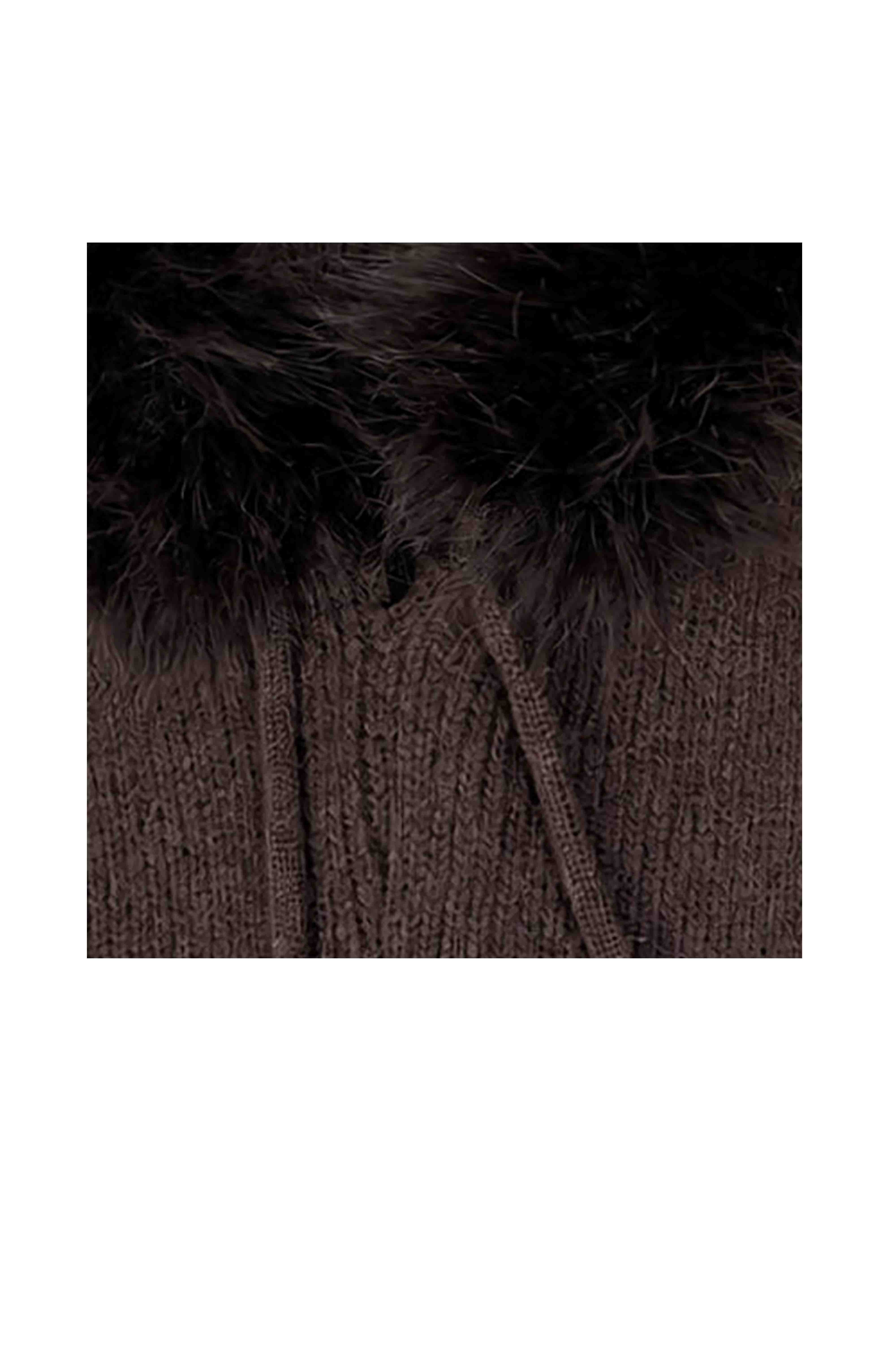 Women’s Faux Fur Trim Knitted Hood Scarf with Tie Fastening