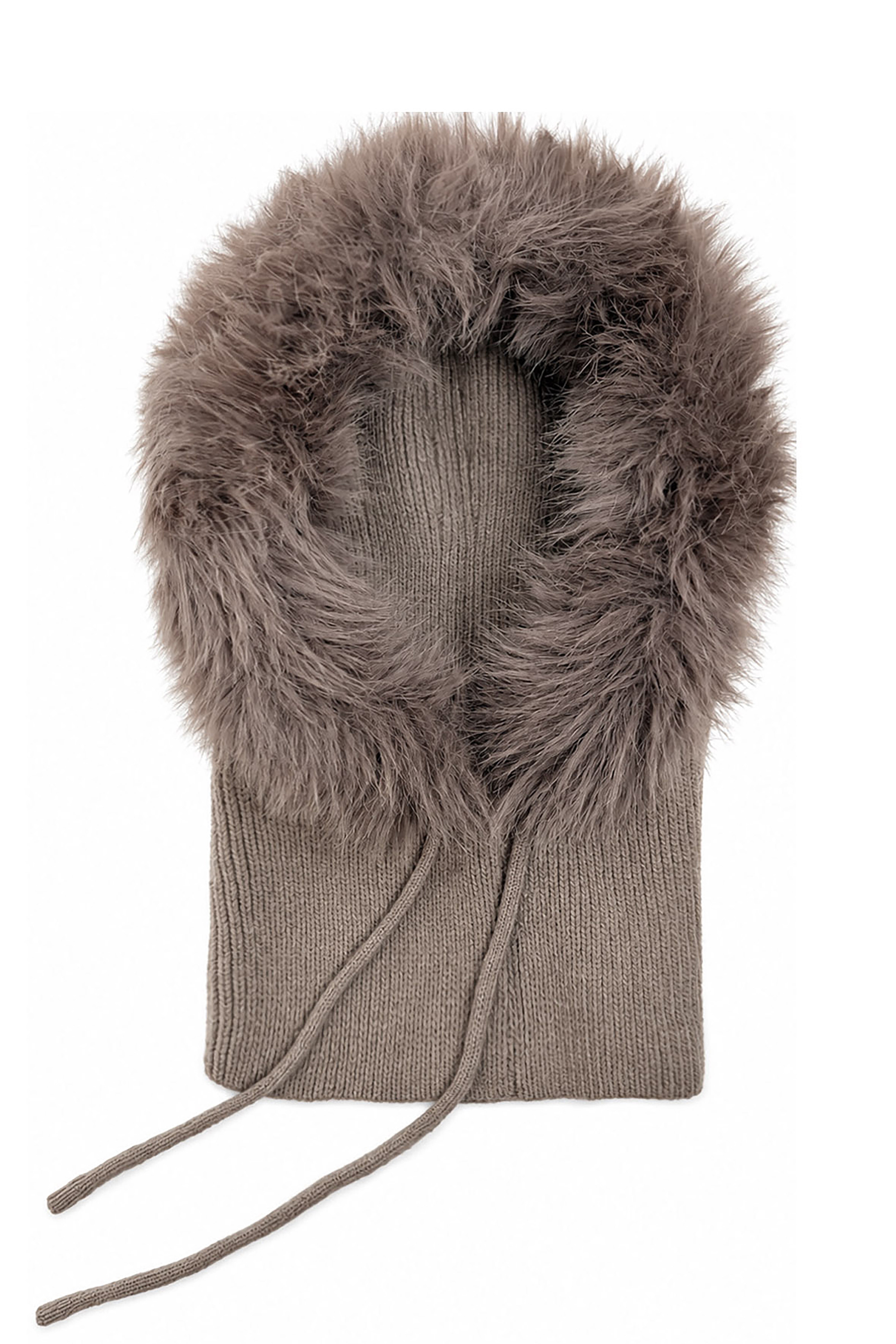 Women’s Faux Fur Trim Knitted Hood Scarf with Tie Fastening