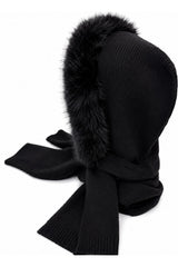 Women's Acrylic Blend Knitted Hooded Scarf with Faux Fur Trim