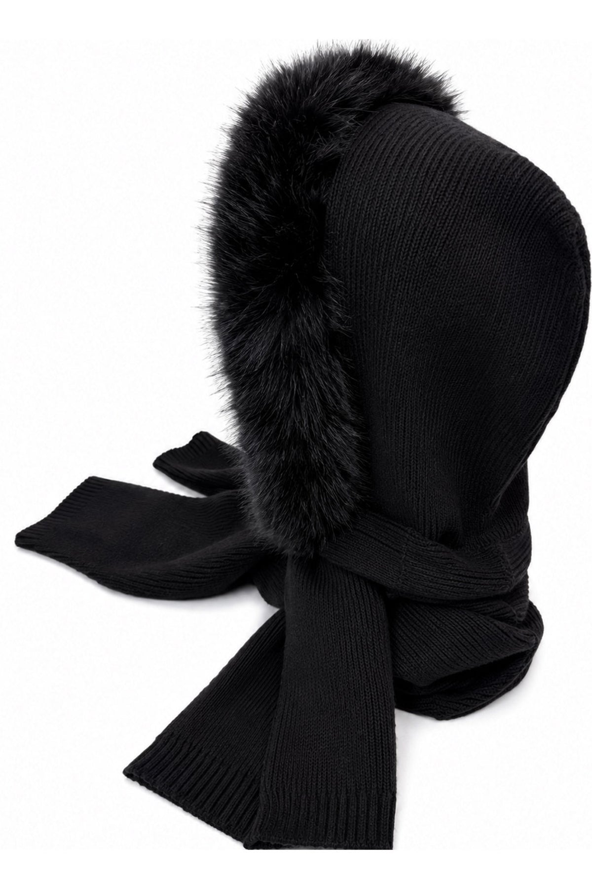 Women's Acrylic Blend Knitted Hooded Scarf with Faux Fur Trim