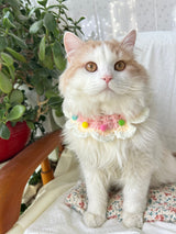 Pink cream crochet pet collar with pom poms, adjustable fit