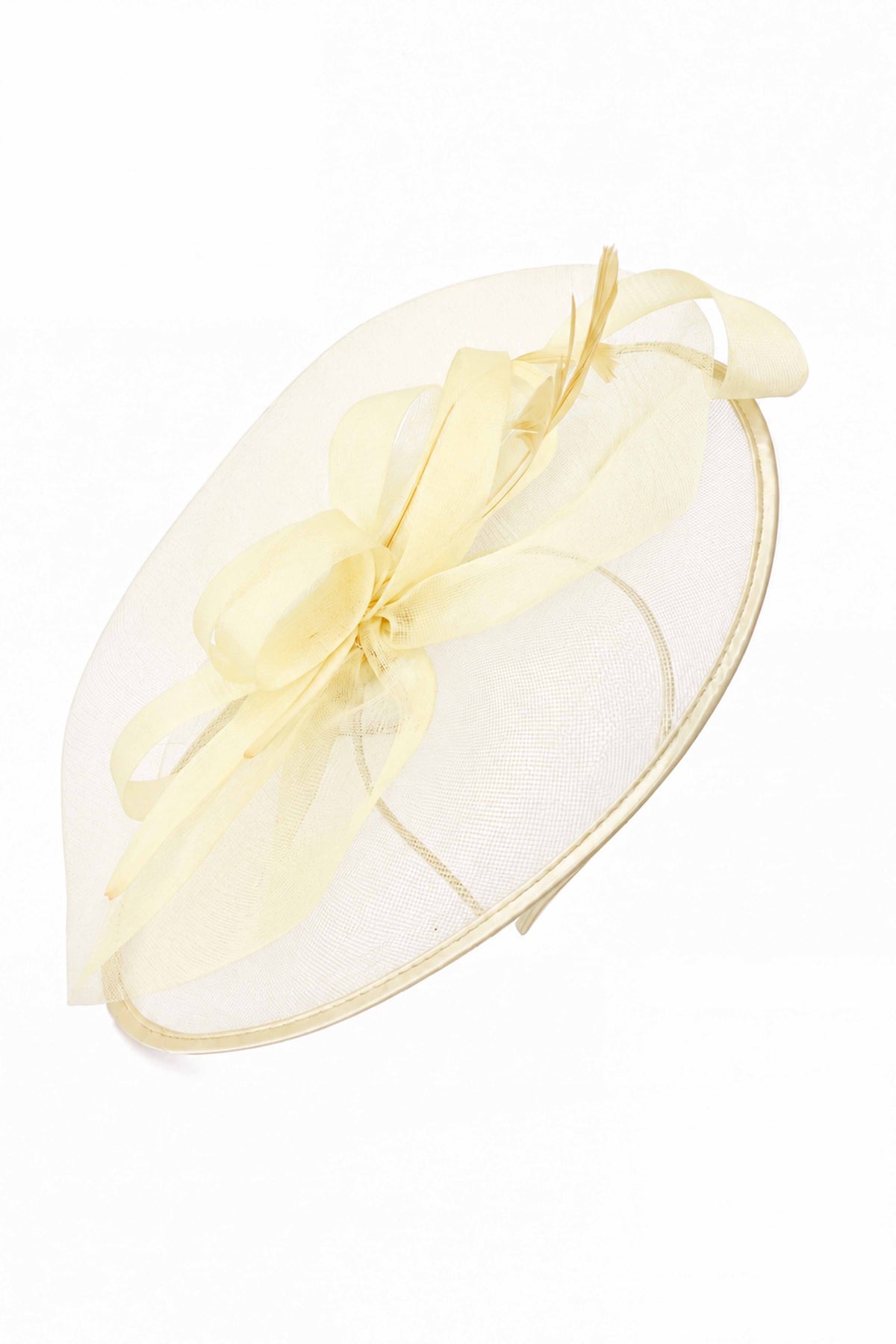 Women’s Mesh Disc Fascinator with Feather Trim, Loop Bow & Headband