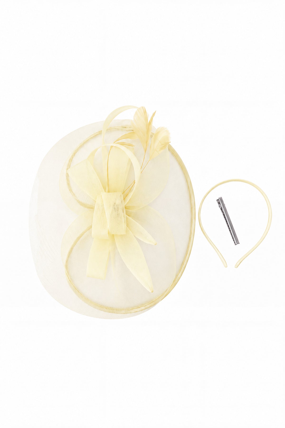 Women’s Mesh Disc Fascinator with Feather Trim, Loop Bow & Headband