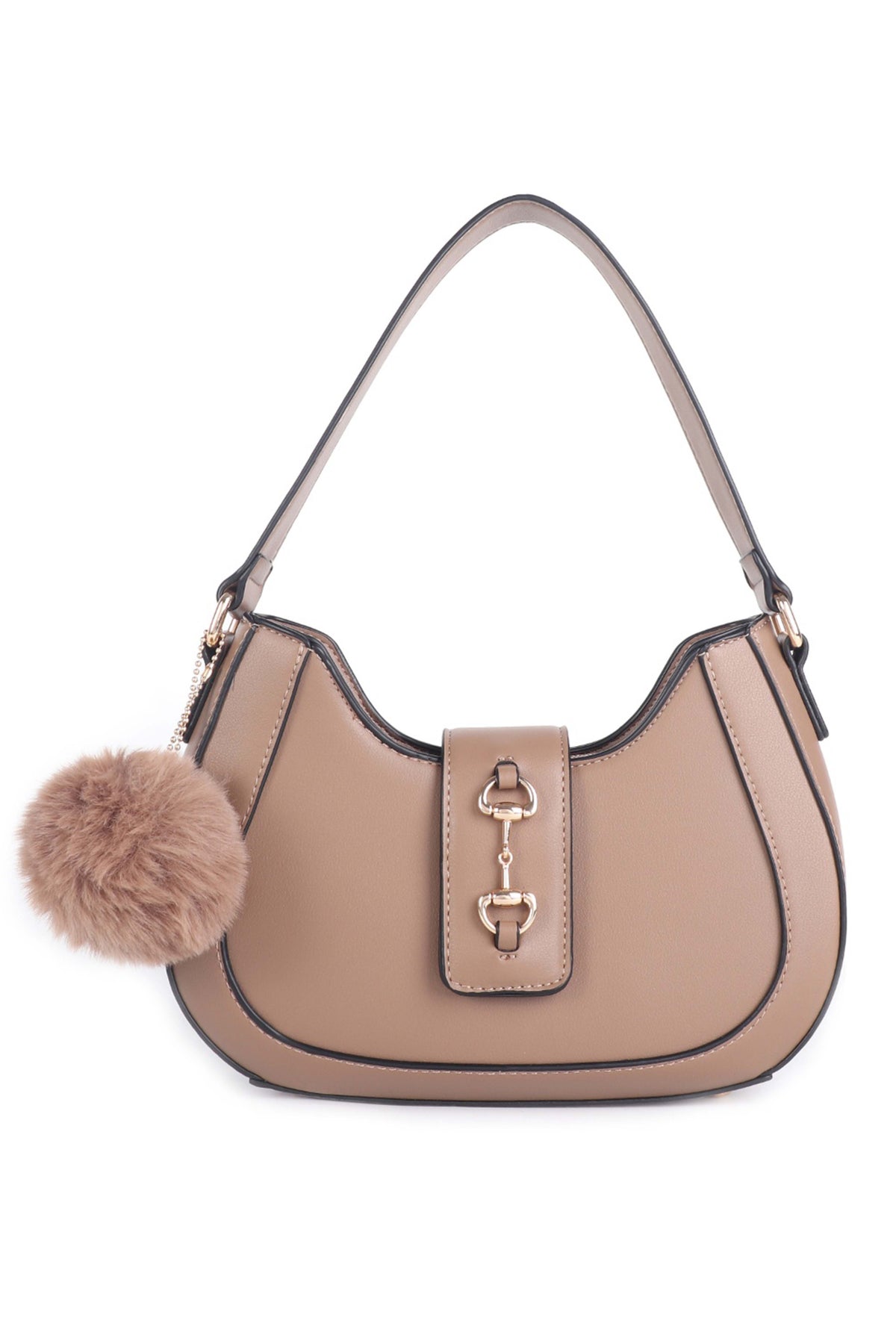 Women’s Curved Shoulder Bag with Pom Pom & Crossbody Strap
