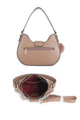 Women’s Curved Shoulder Bag with Pom Pom & Crossbody Strap