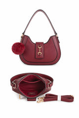 Women’s Curved Shoulder Bag with Pom Pom & Crossbody Strap