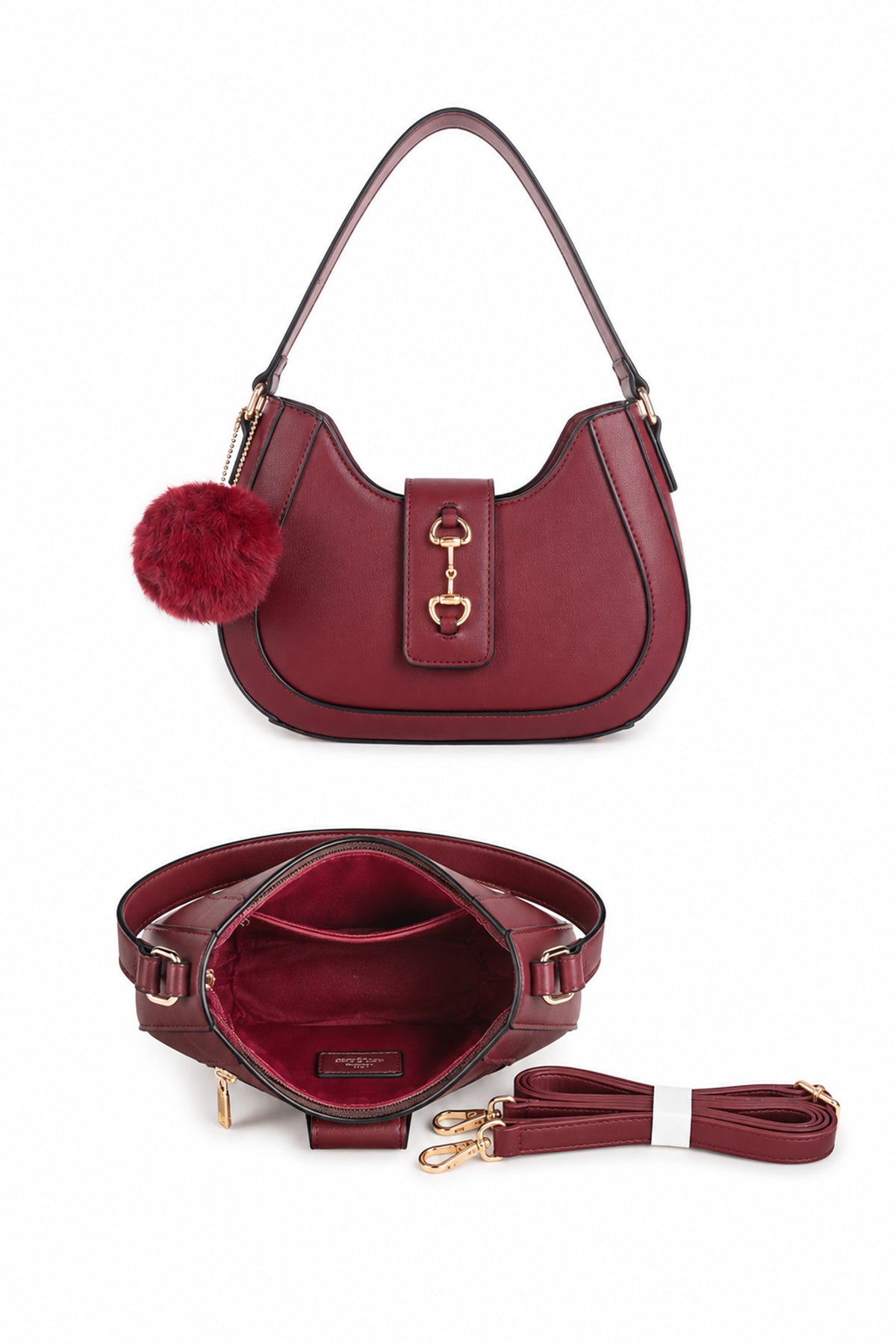 Women’s Curved Shoulder Bag with Pom Pom & Crossbody Strap