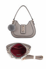 Women’s Curved Shoulder Bag with Pom Pom & Crossbody Strap