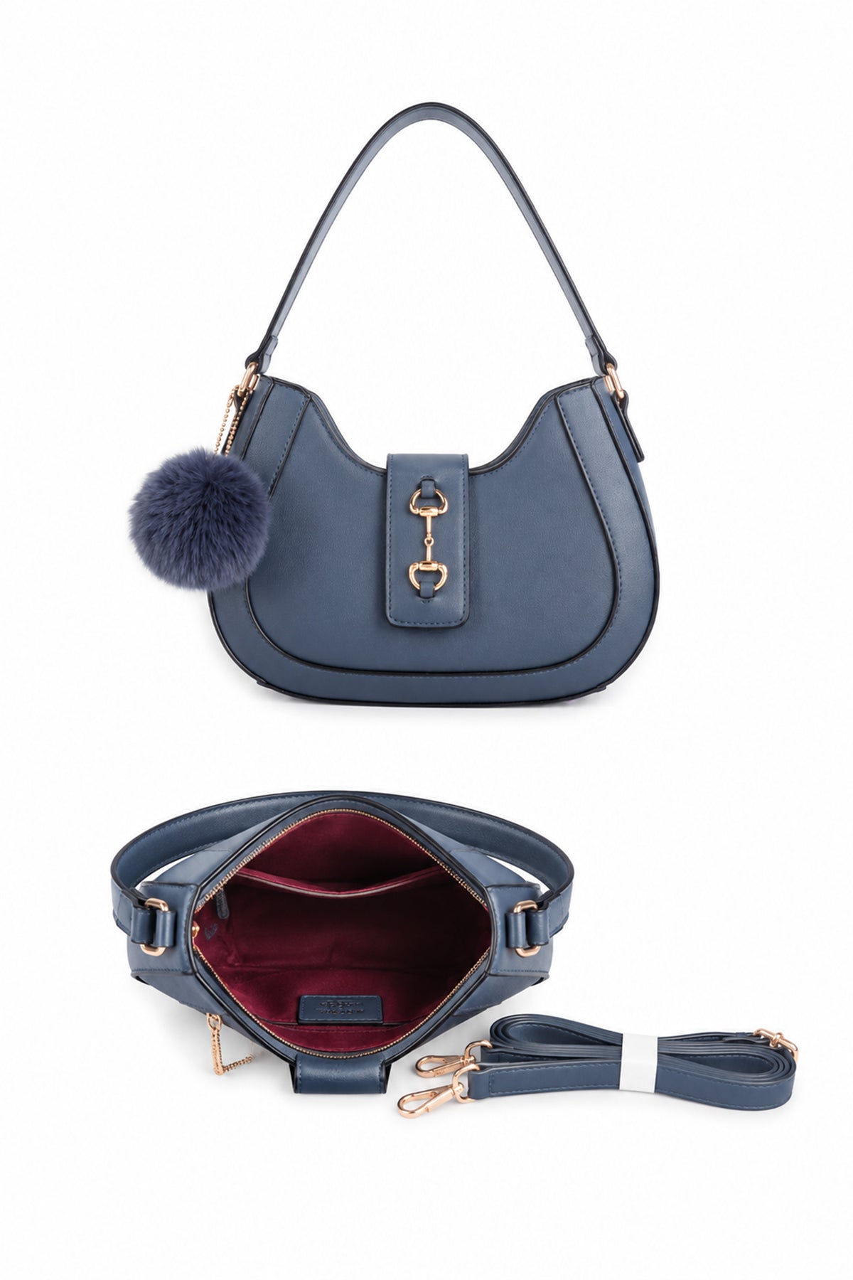 Women’s Curved Shoulder Bag with Pom Pom & Crossbody Strap