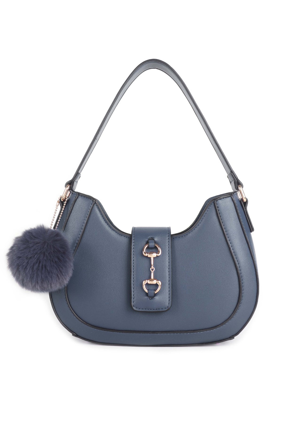 Women’s Curved Shoulder Bag with Pom Pom & Crossbody Strap