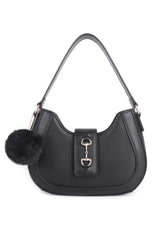 Women’s Curved Shoulder Bag with Pom Pom & Crossbody Strap
