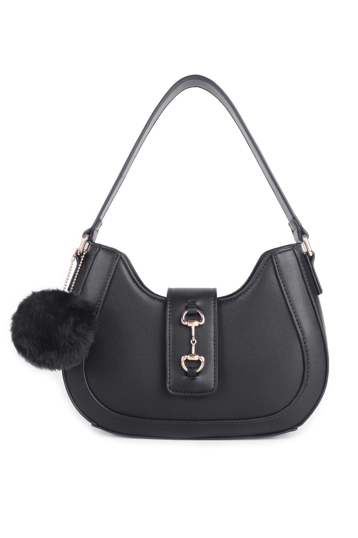 Women’s Curved Shoulder Bag with Pom Pom & Crossbody Strap