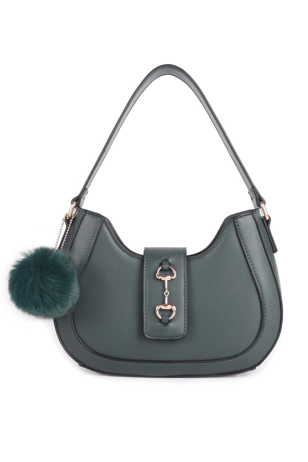 Women’s Curved Shoulder Bag with Pom Pom & Crossbody Strap