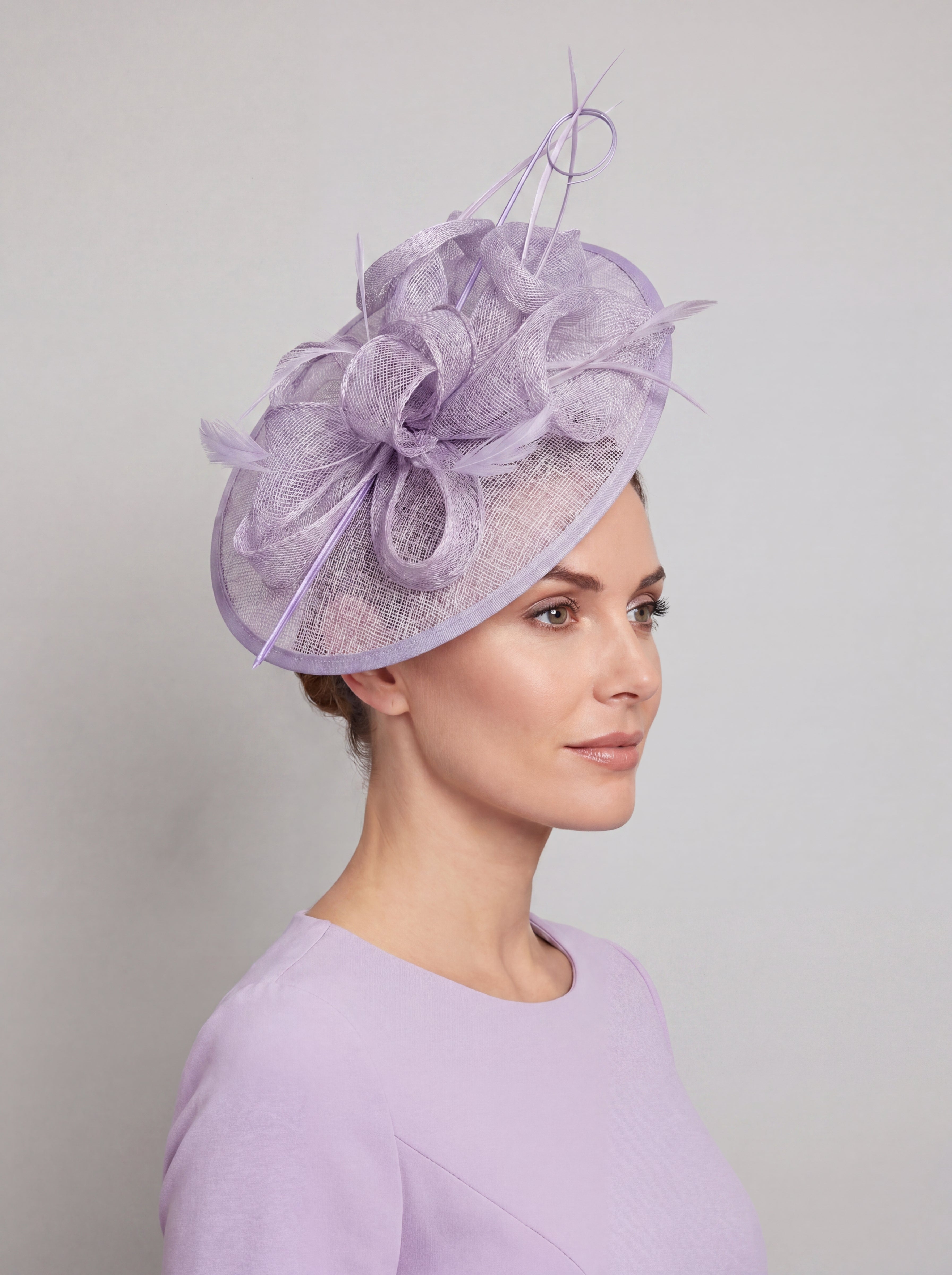 Statement Disc Fascinator with Petunia Flower and Feather Trim