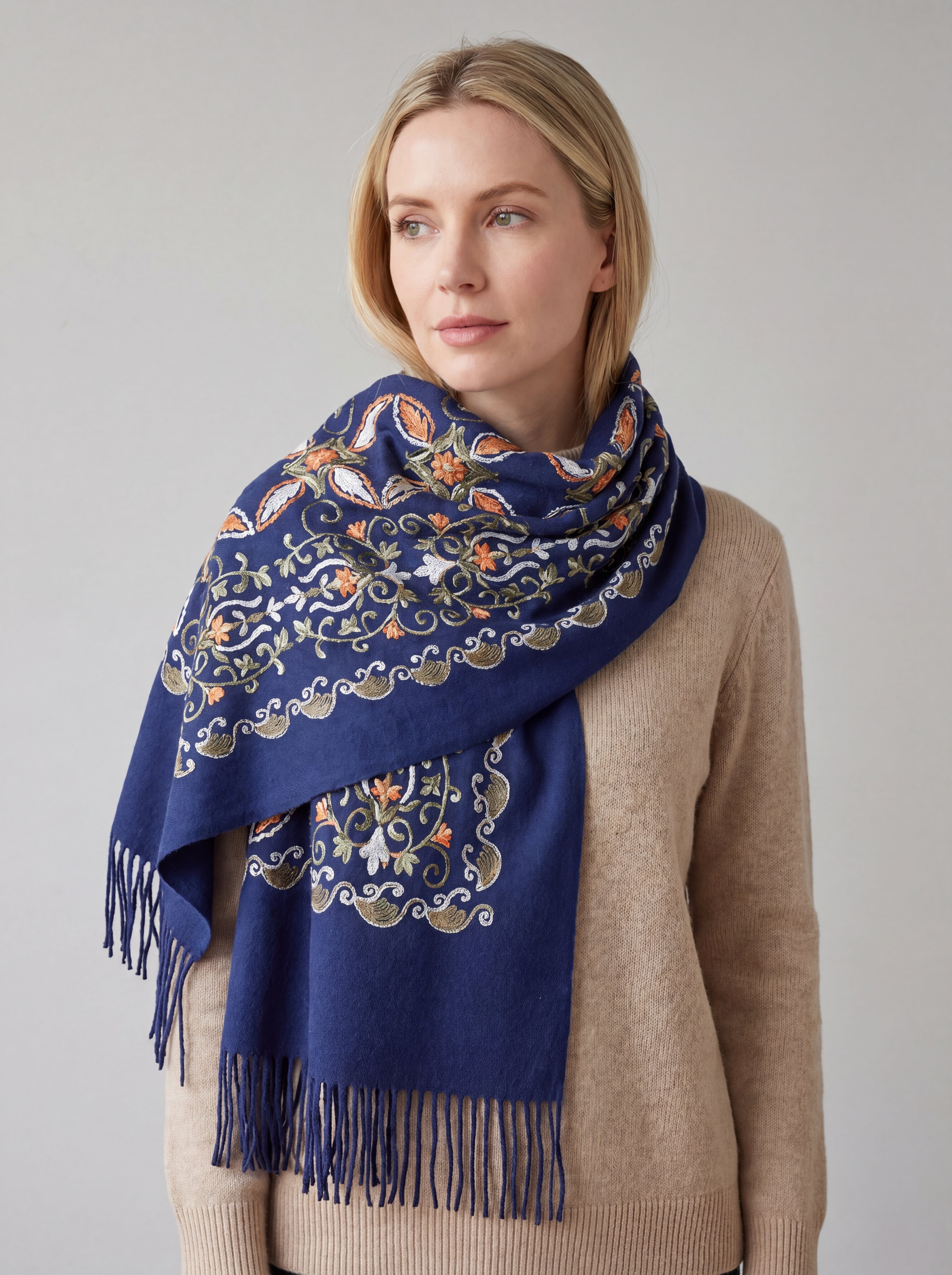 Embroidered Viscose Wool Blend Scarf