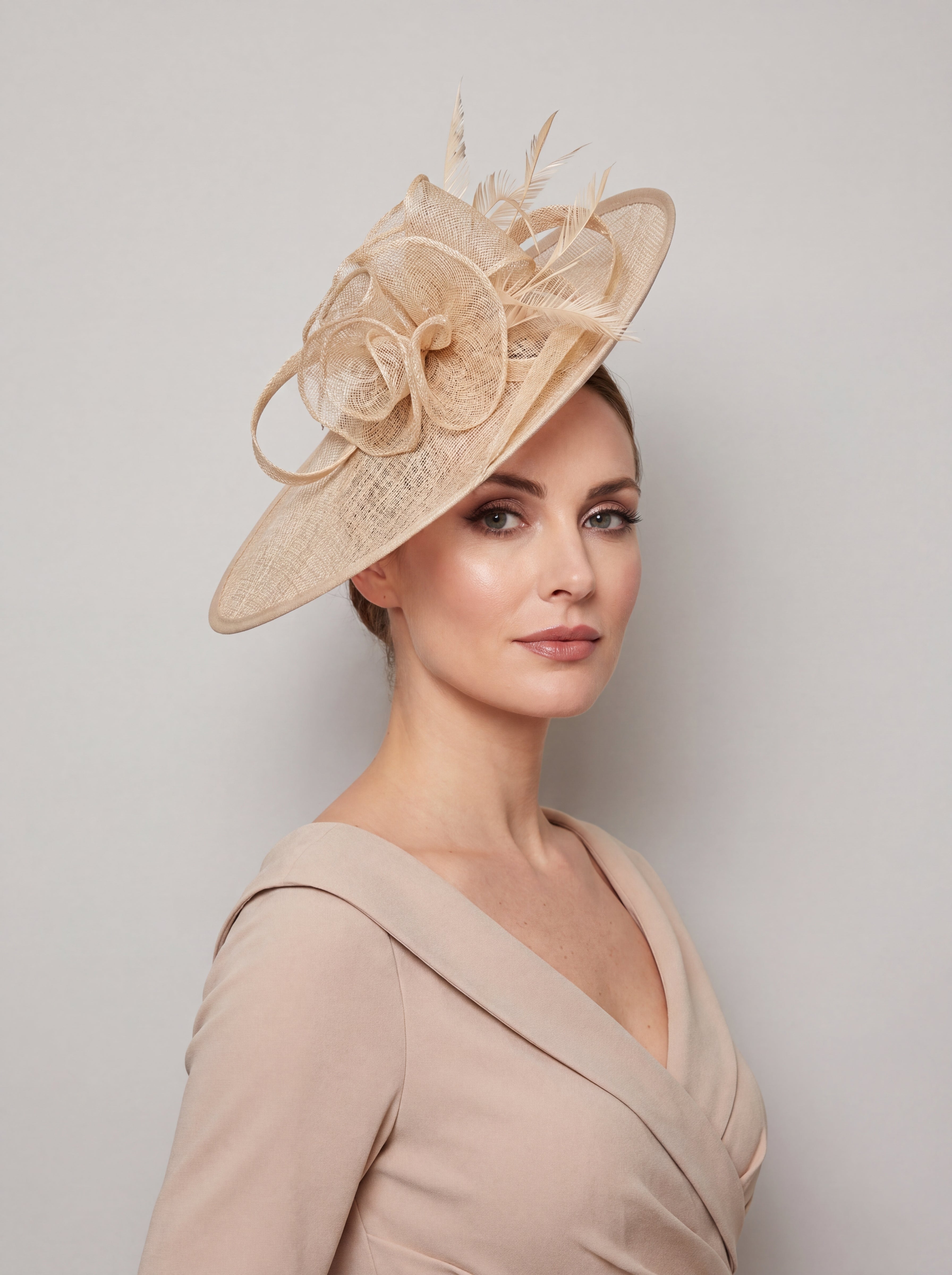 Elegant Wide Brim Sinamay Fascinator Hat with Feather & Floral Trim – Wedding Race Day Headpiece