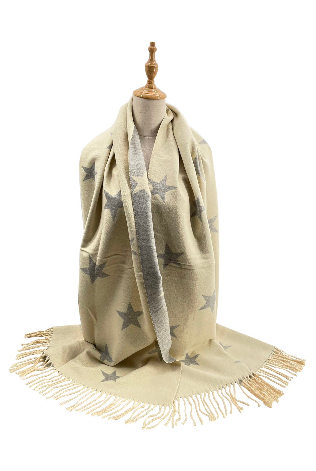 Reversible Wool-Blend Scarf – Star Print with Tassel Trim