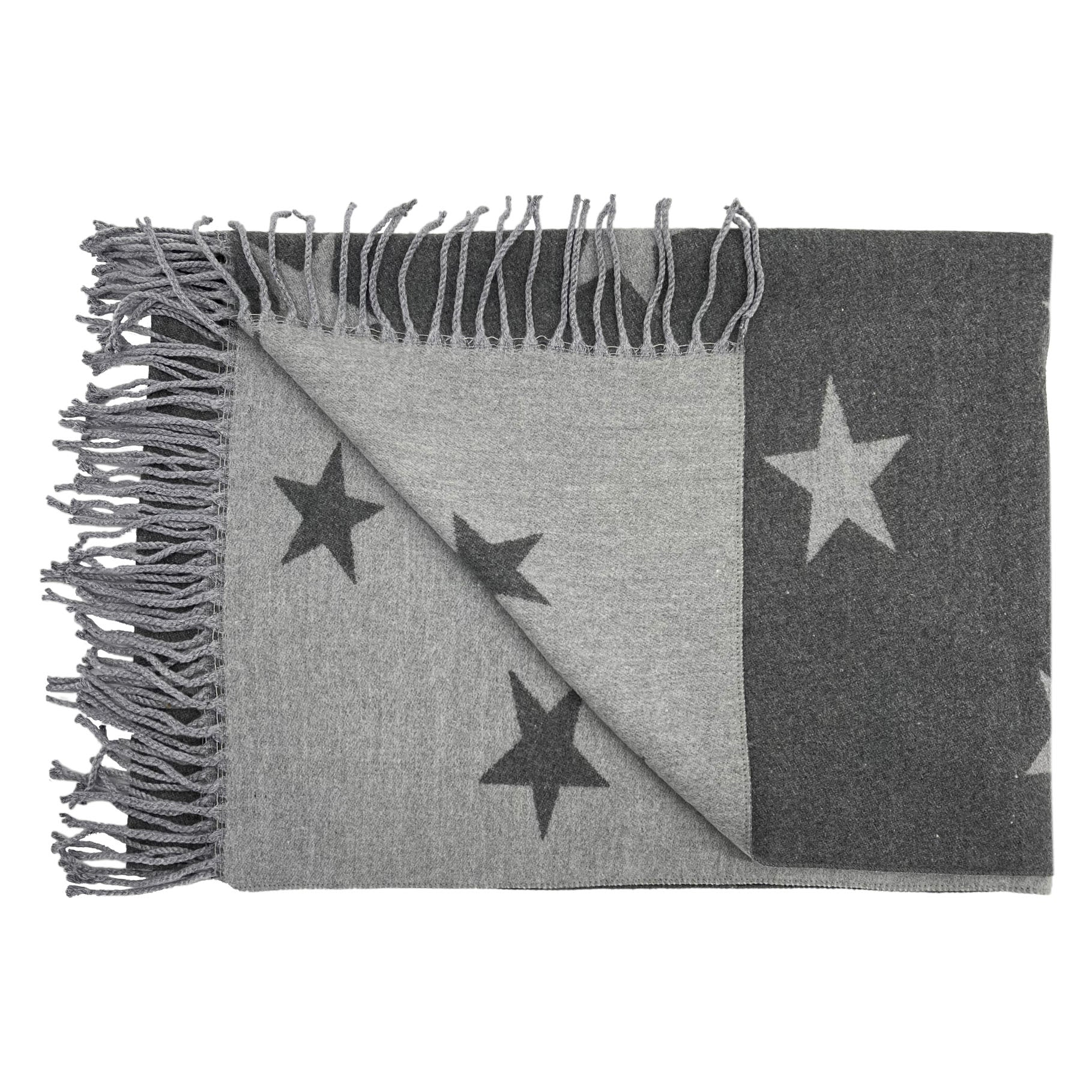 Reversible Wool-Blend Scarf – Star Print with Tassel Trim