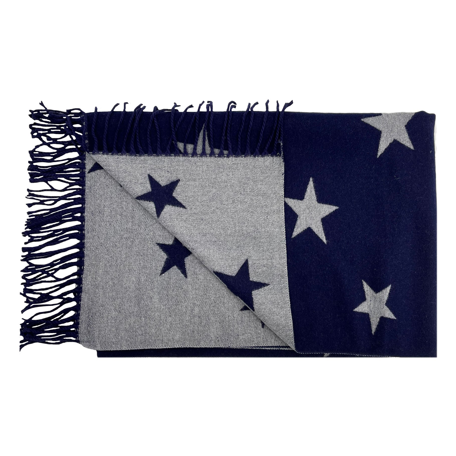 Reversible Wool-Blend Scarf – Star Print with Tassel Trim