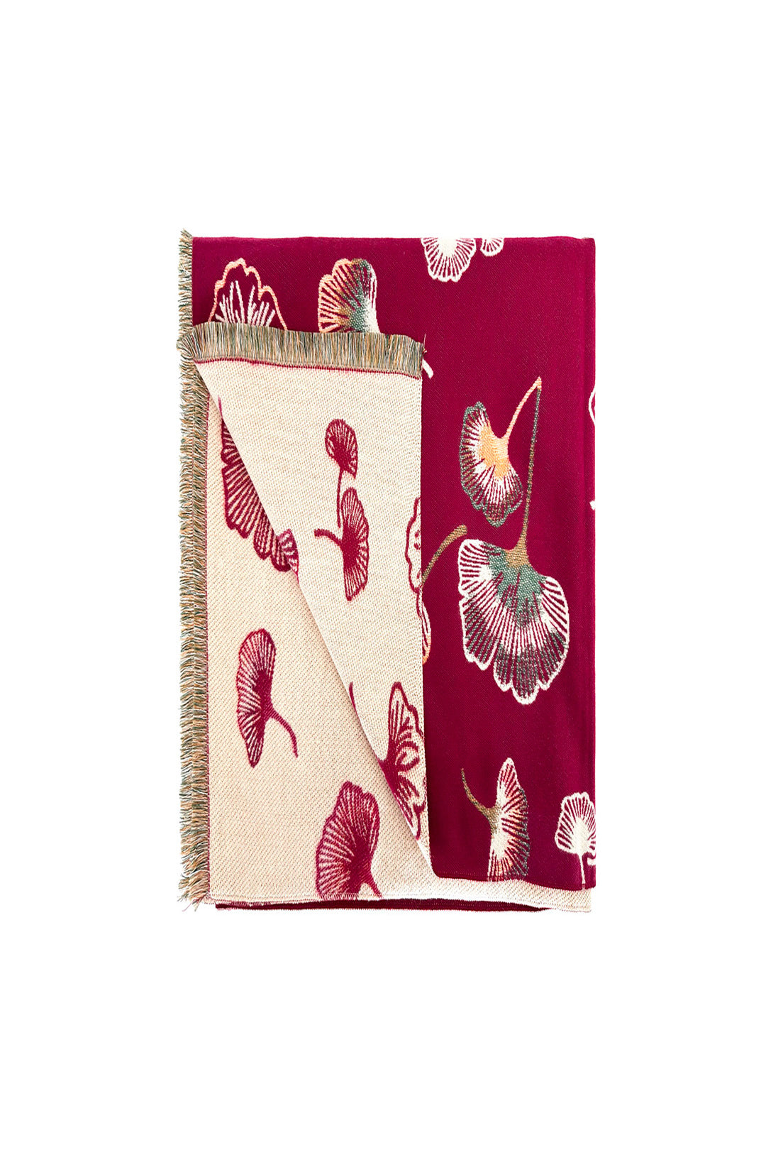 Ginkgo Leaf Pattern Reversible Scarf – Soft Touch, Fringed Design
