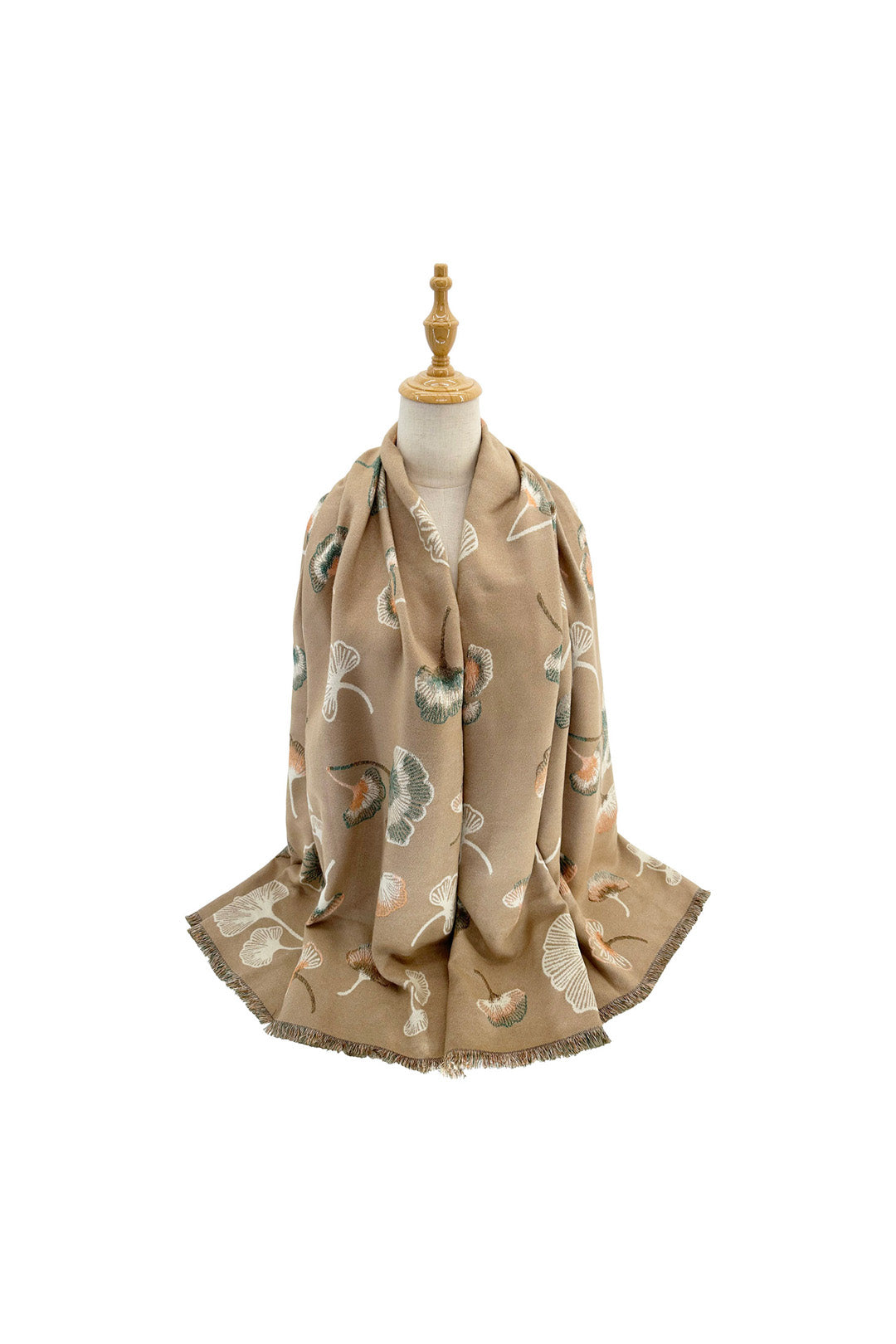 Ginkgo Leaf Pattern Reversible Scarf – Soft Touch, Fringed Design