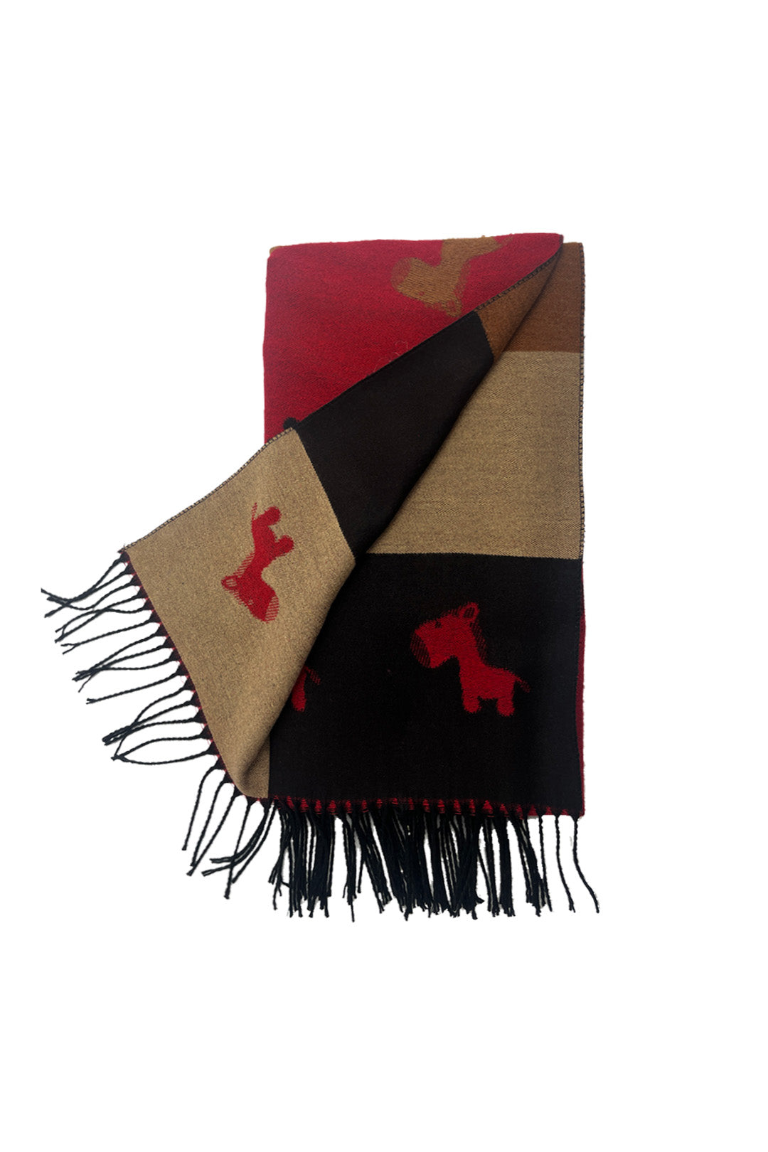 Colourful Donkey Print Reversible Wool-Blend Scarf with Tassels