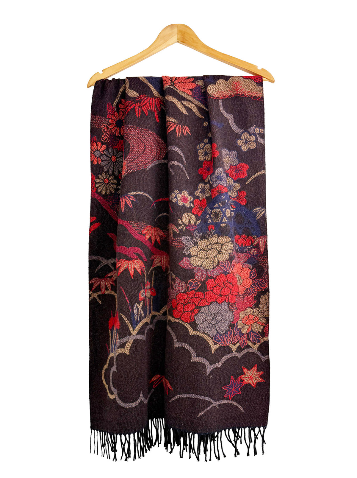 Galaxy of Flowers Print Wool-Blend Scarf with Tassels