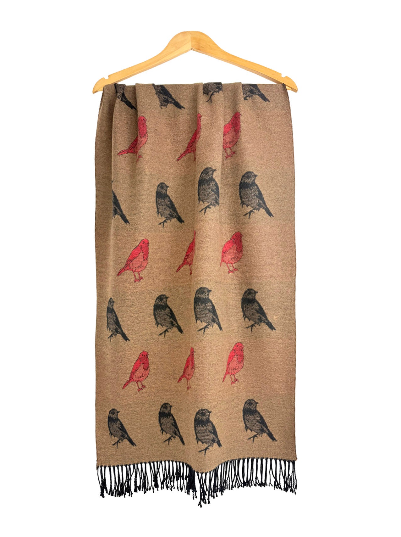Bird Pattern Viscose Wool Blend Scarf