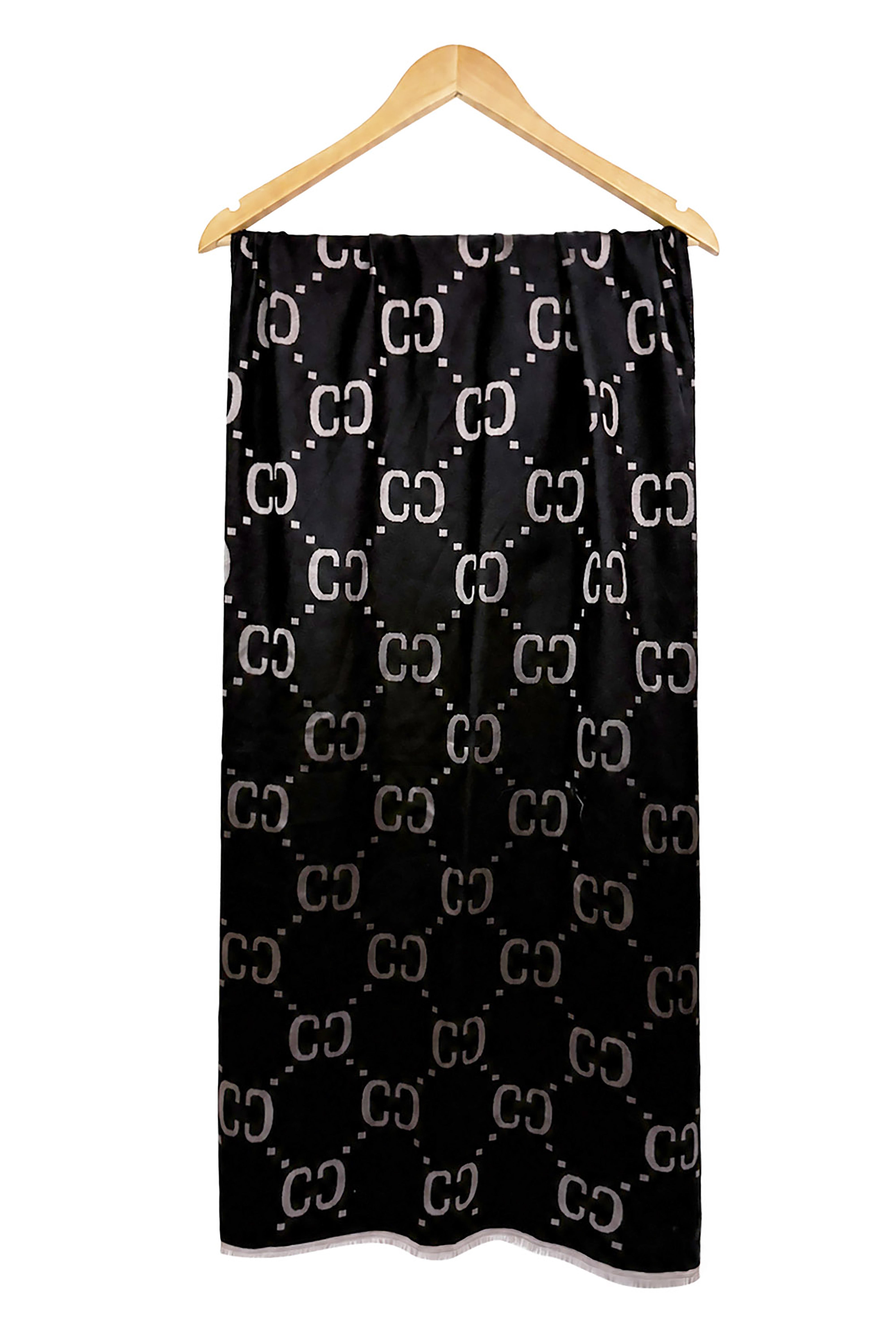 Women’s Reversible Monogram Pattern Scarf with Fringed Trim