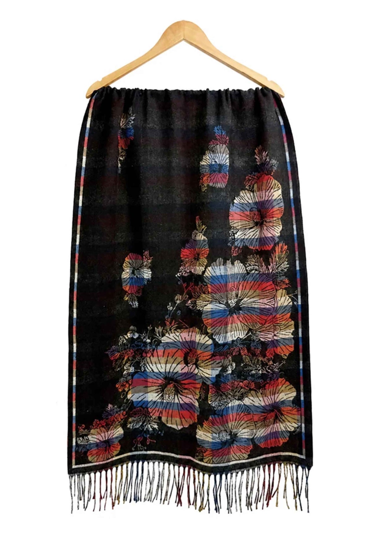Women's Reversible Floral Check Print Multicolour Fringed Scarf