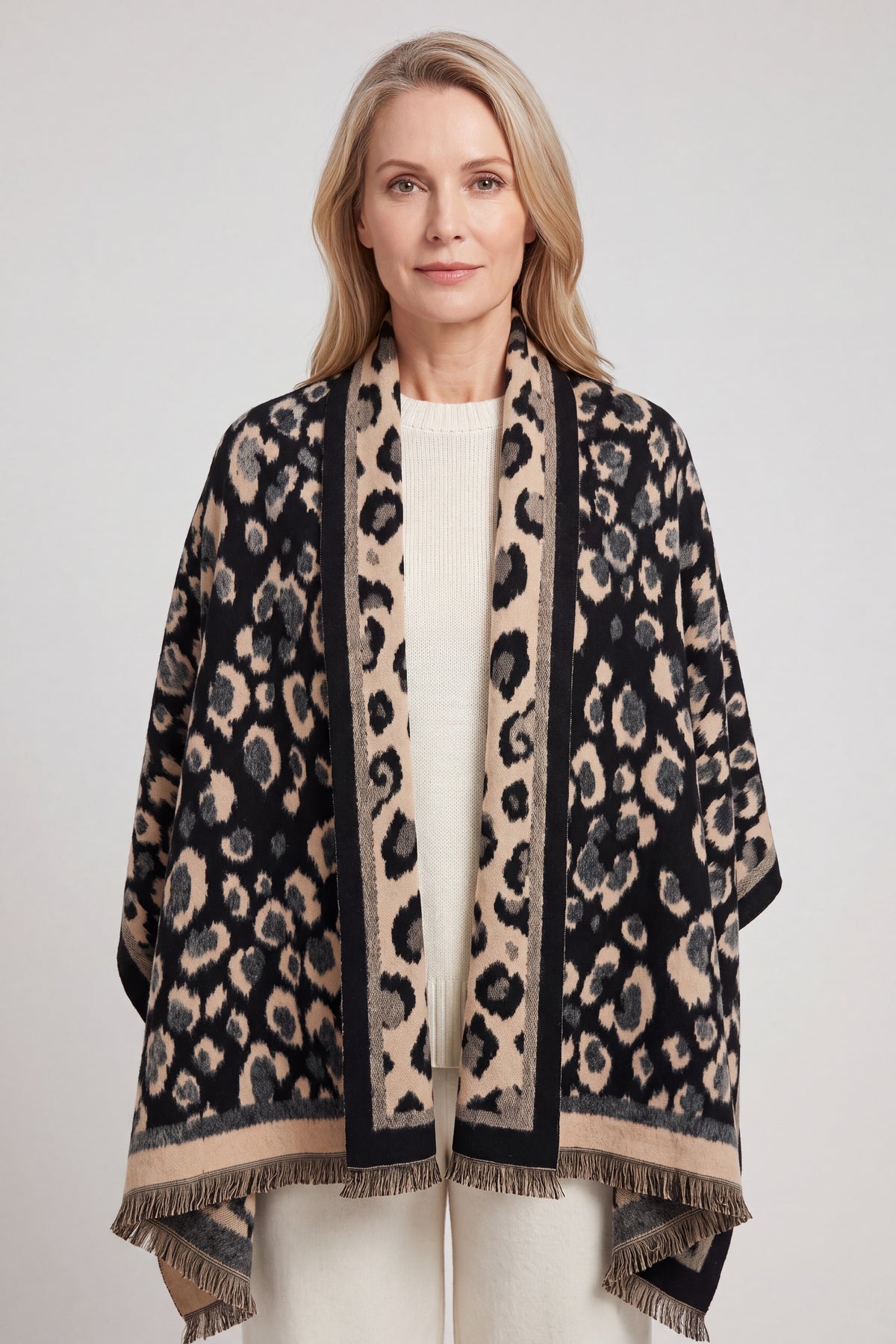 Women's Reversible Leopard Print Fringed Scarf Wrap