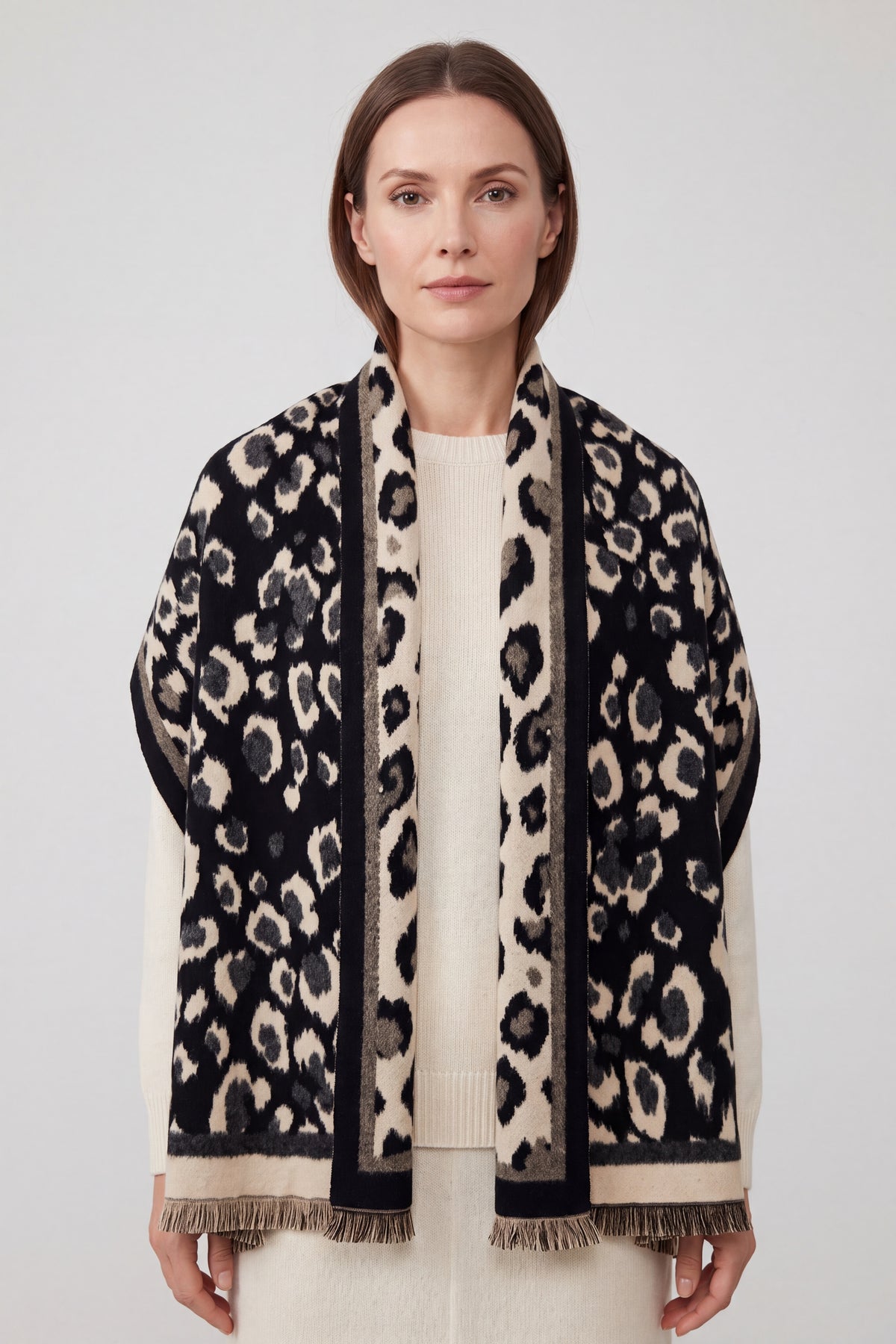 Women's Reversible Leopard Print Fringed Scarf Wrap