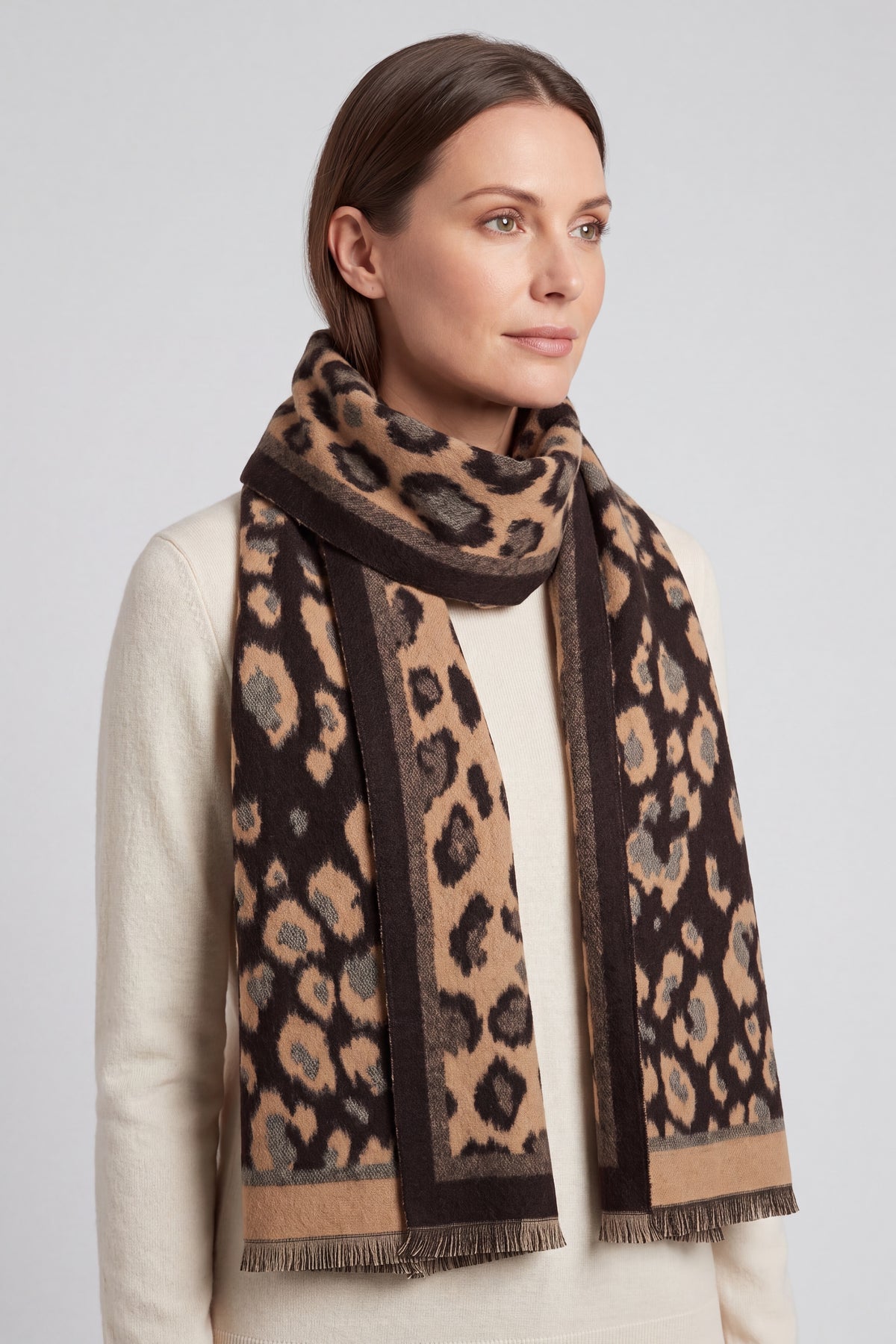 Women's Reversible Leopard Print Fringed Scarf Wrap
