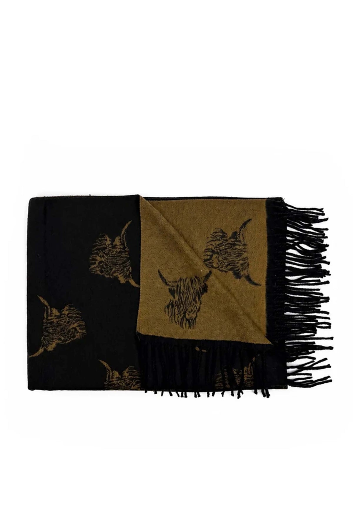 Women’s Highland Cow Print Reversible Scarf with Tassel Fringe