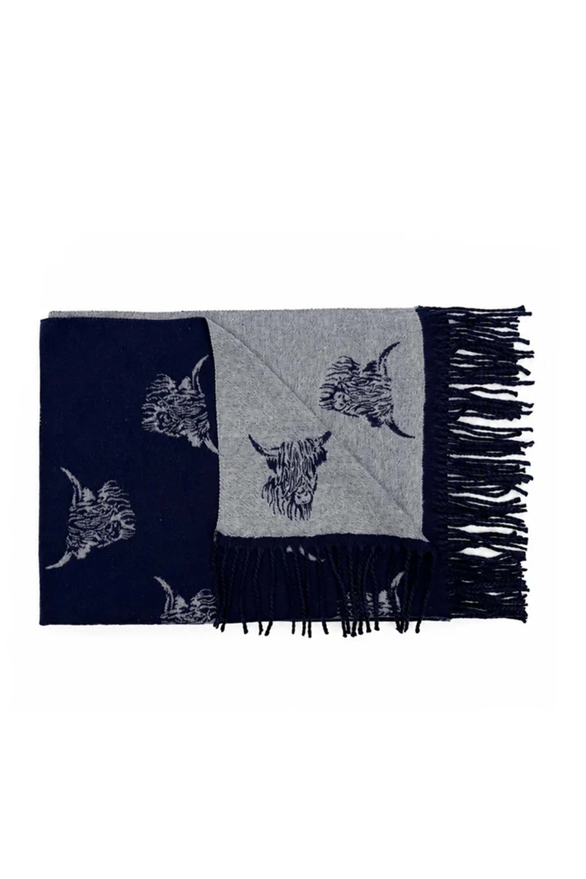 Women’s Highland Cow Print Reversible Scarf with Tassel Fringe
