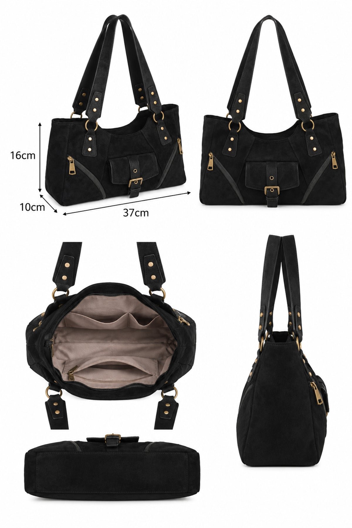Women’s Suede-Look Shoulder Bag with Buckle Pocket Detail