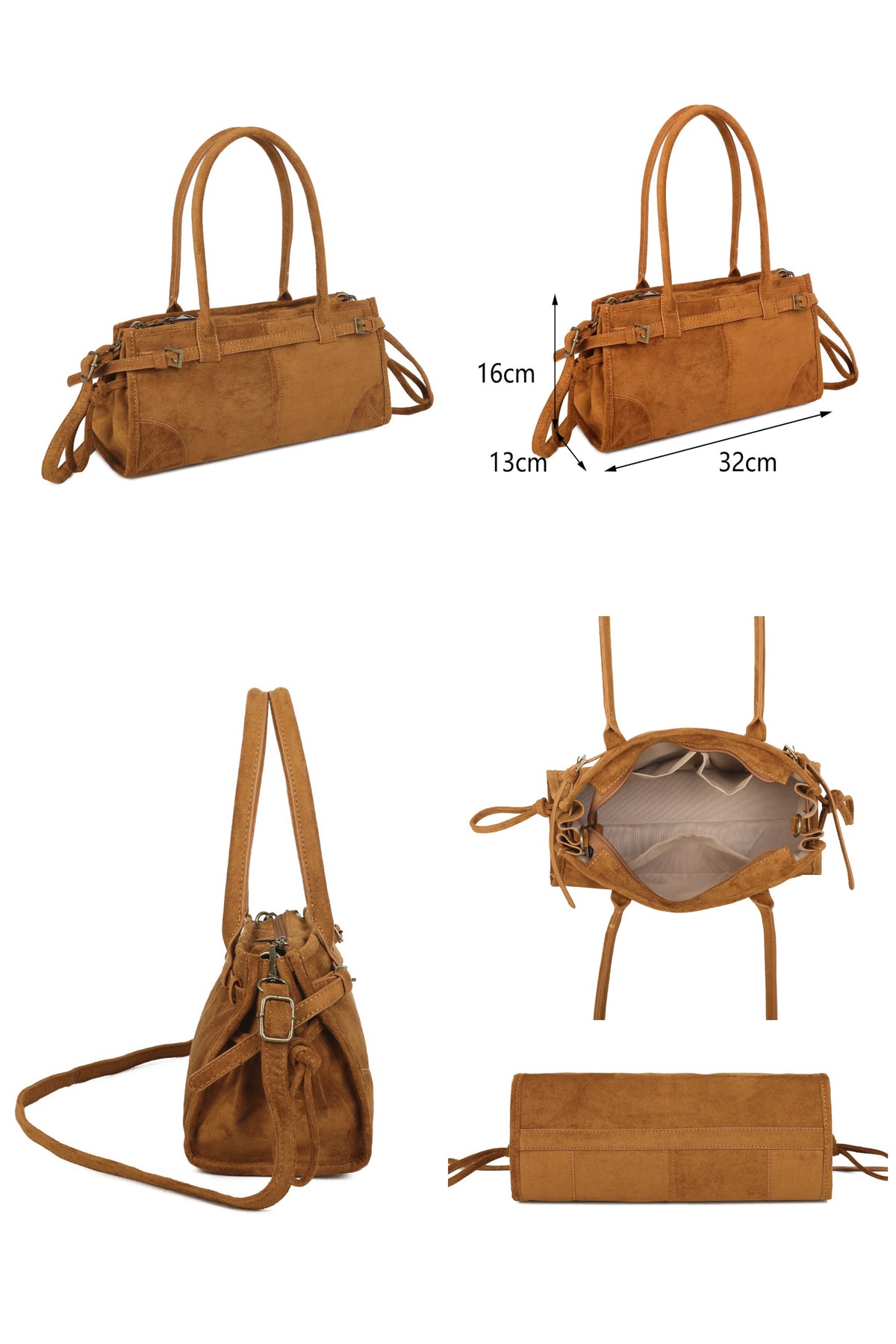 Women’s Vintage Suede-Style Shoulder Bag with Buckle Detail