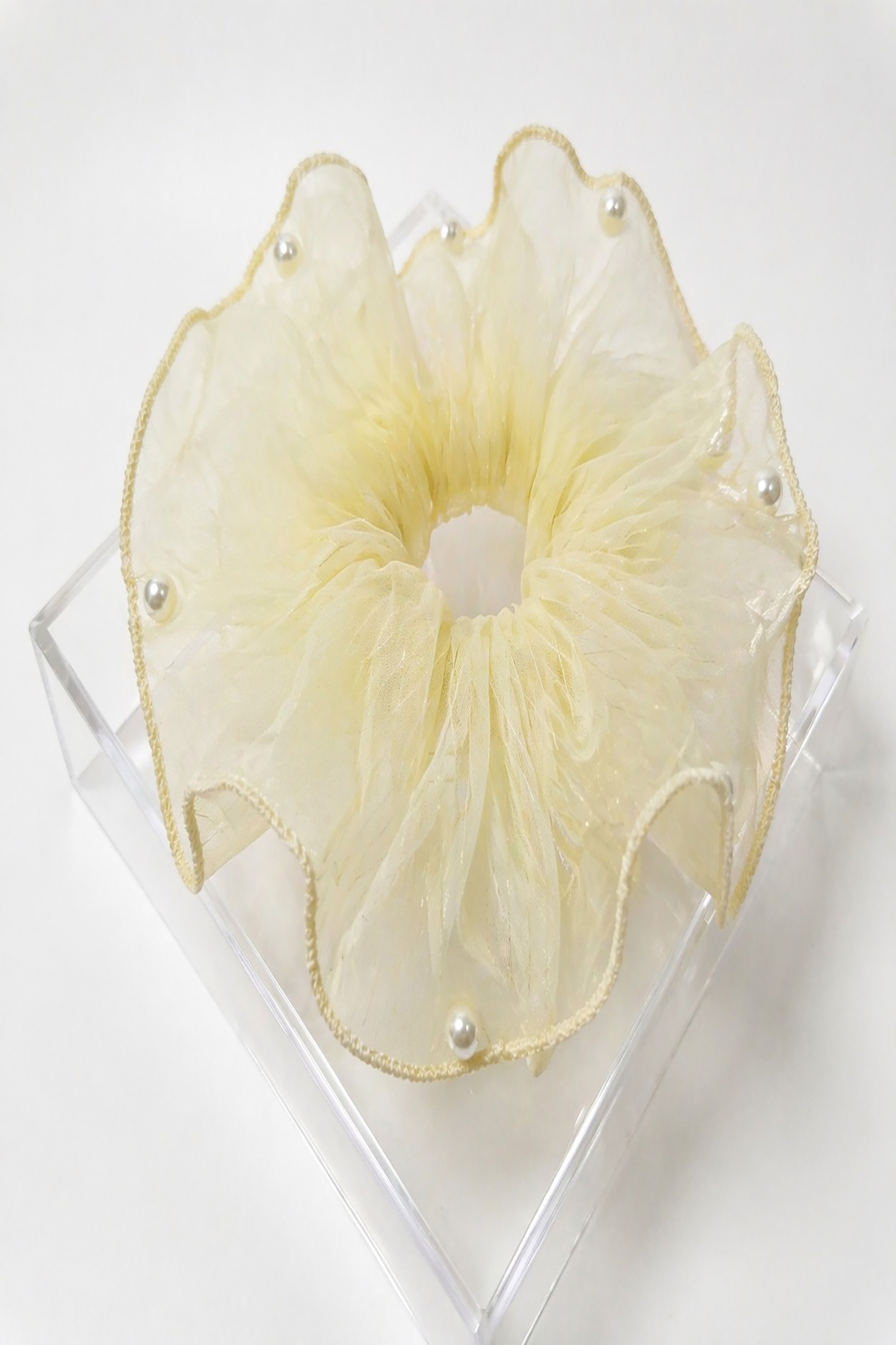 Pearl Organza Hair Scrunchie – Oversized Sheer Ruffle Ponytail Holder Elegant Hair Accessory