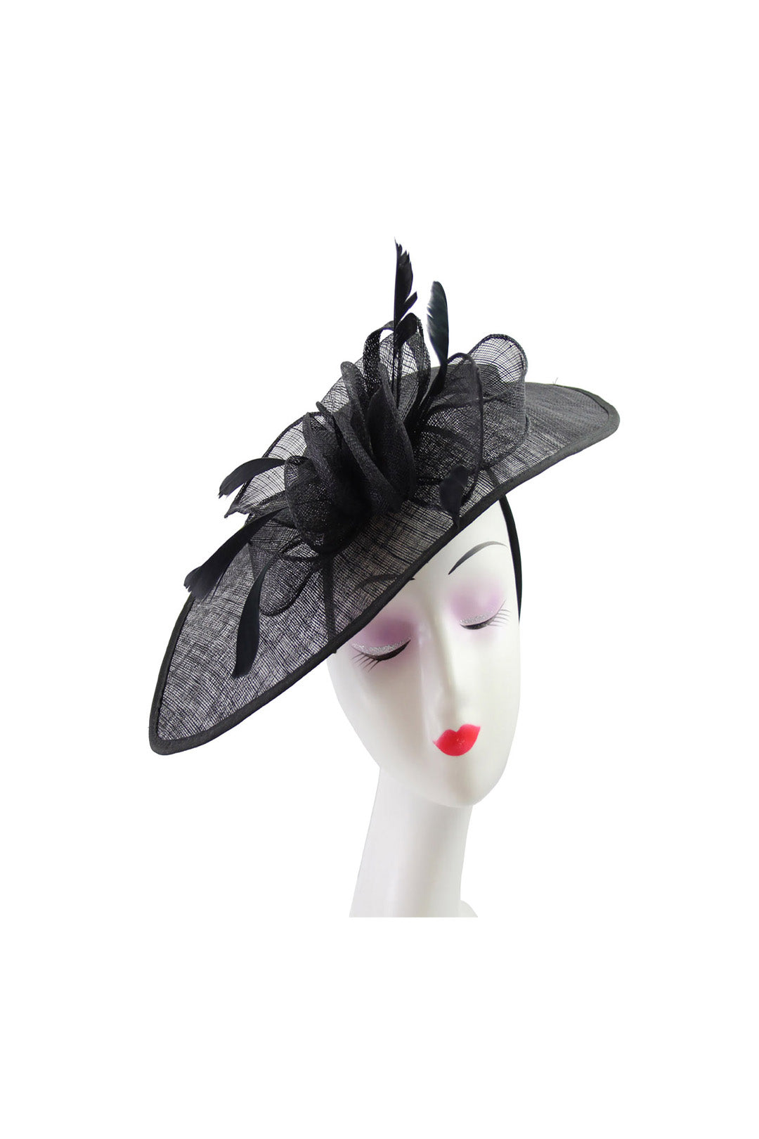 Mesh Disc Fascinator with Bow and Feather Detail Black
