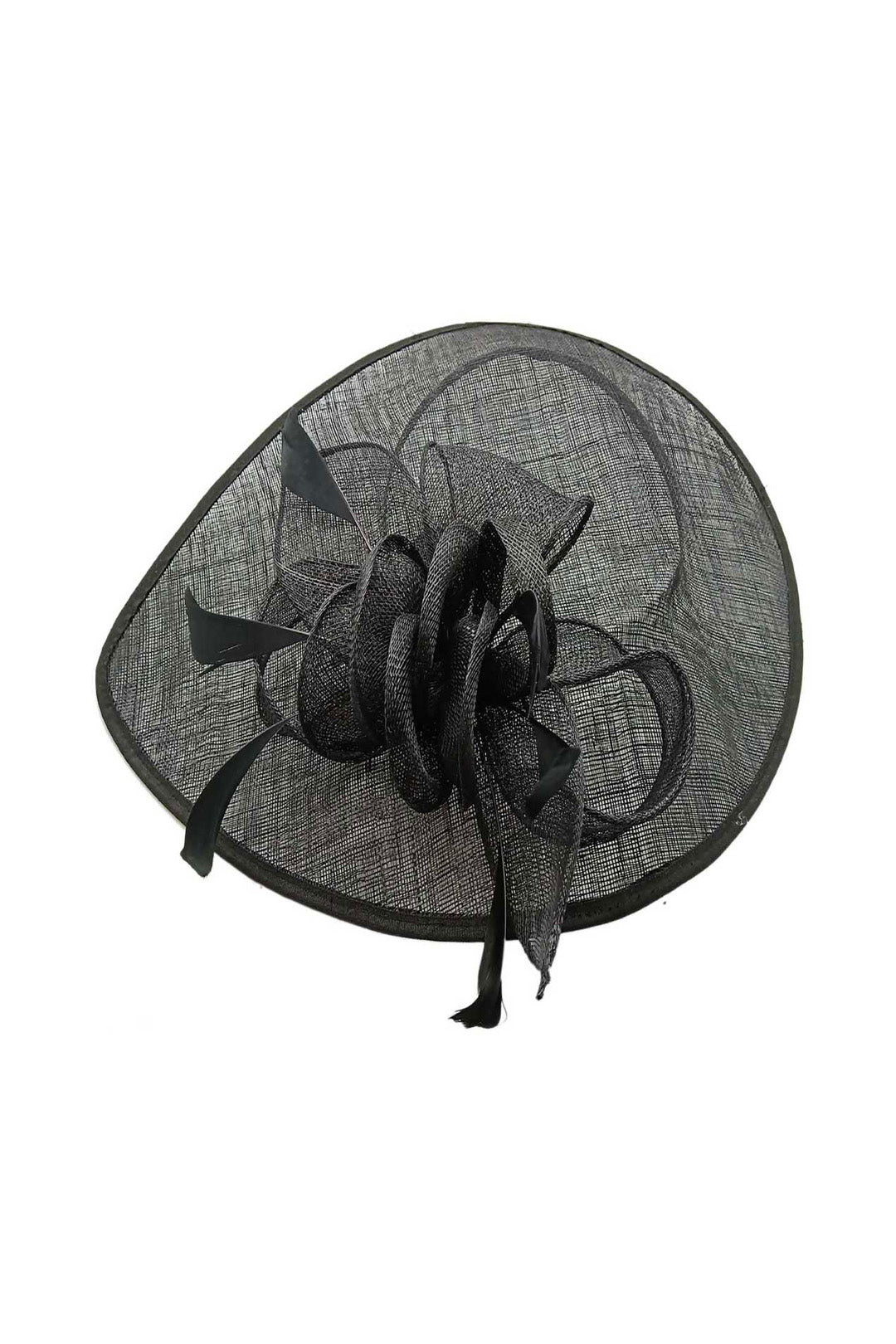 Mesh Disc Fascinator with Bow and Feather Detail Black
