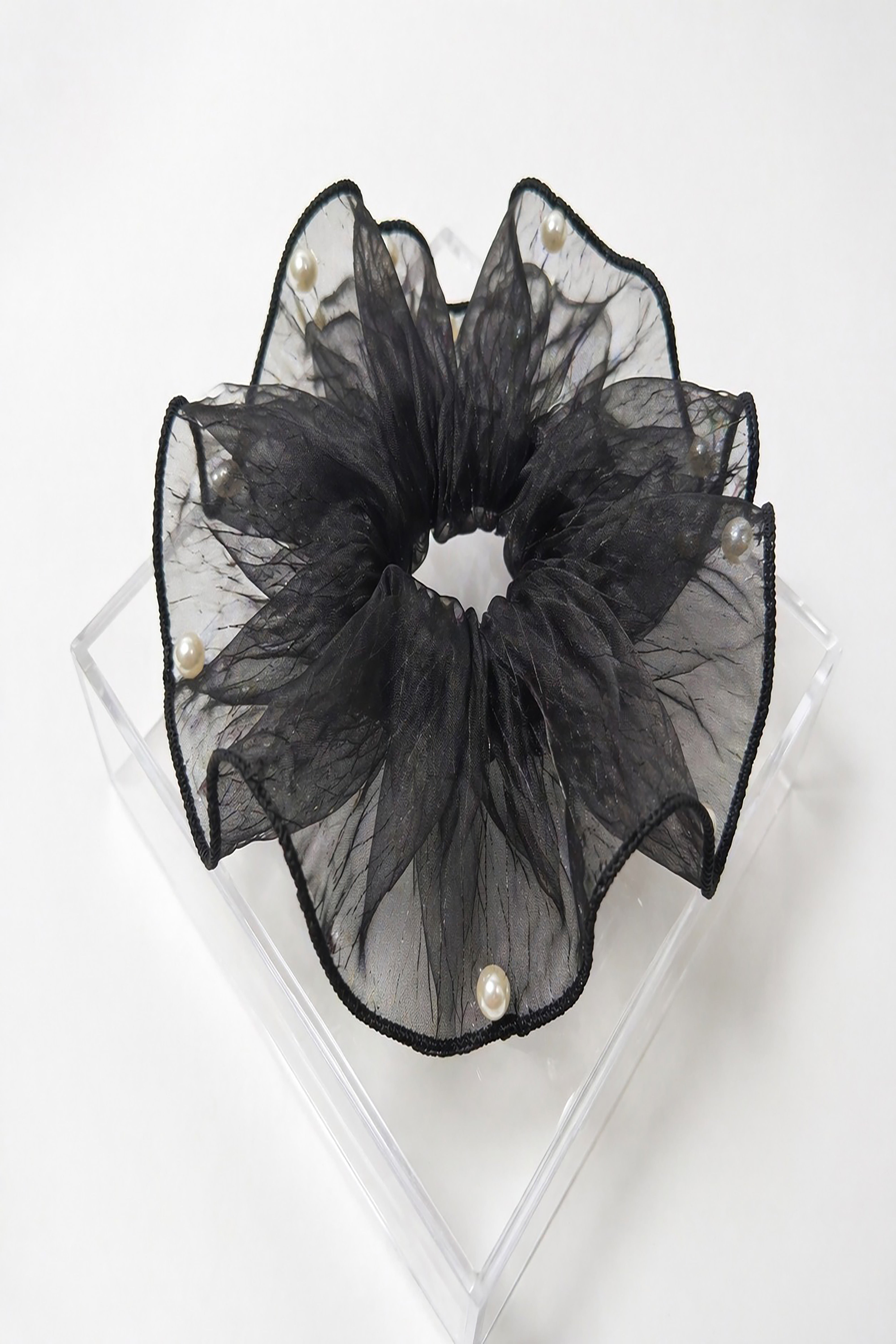 Pearl Organza Hair Scrunchie – Oversized Sheer Ruffle Ponytail Holder Elegant Hair Accessory