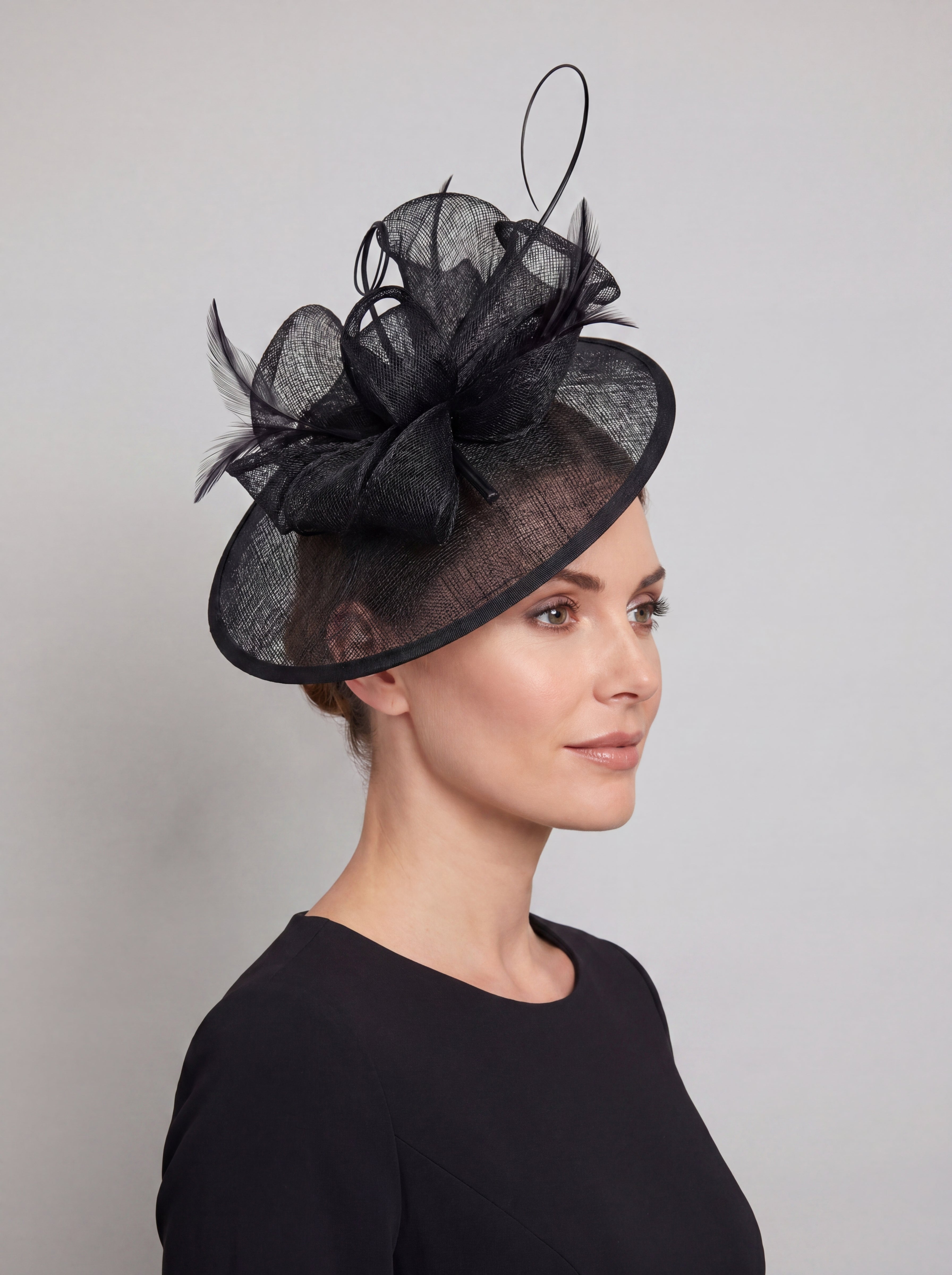 Statement Disc Fascinator with Petunia Flower and Feather Trim