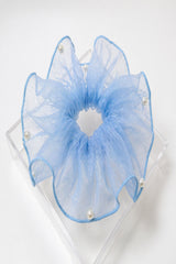 Pearl Organza Hair Scrunchie – Oversized Sheer Ruffle Ponytail Holder Elegant Hair Accessory