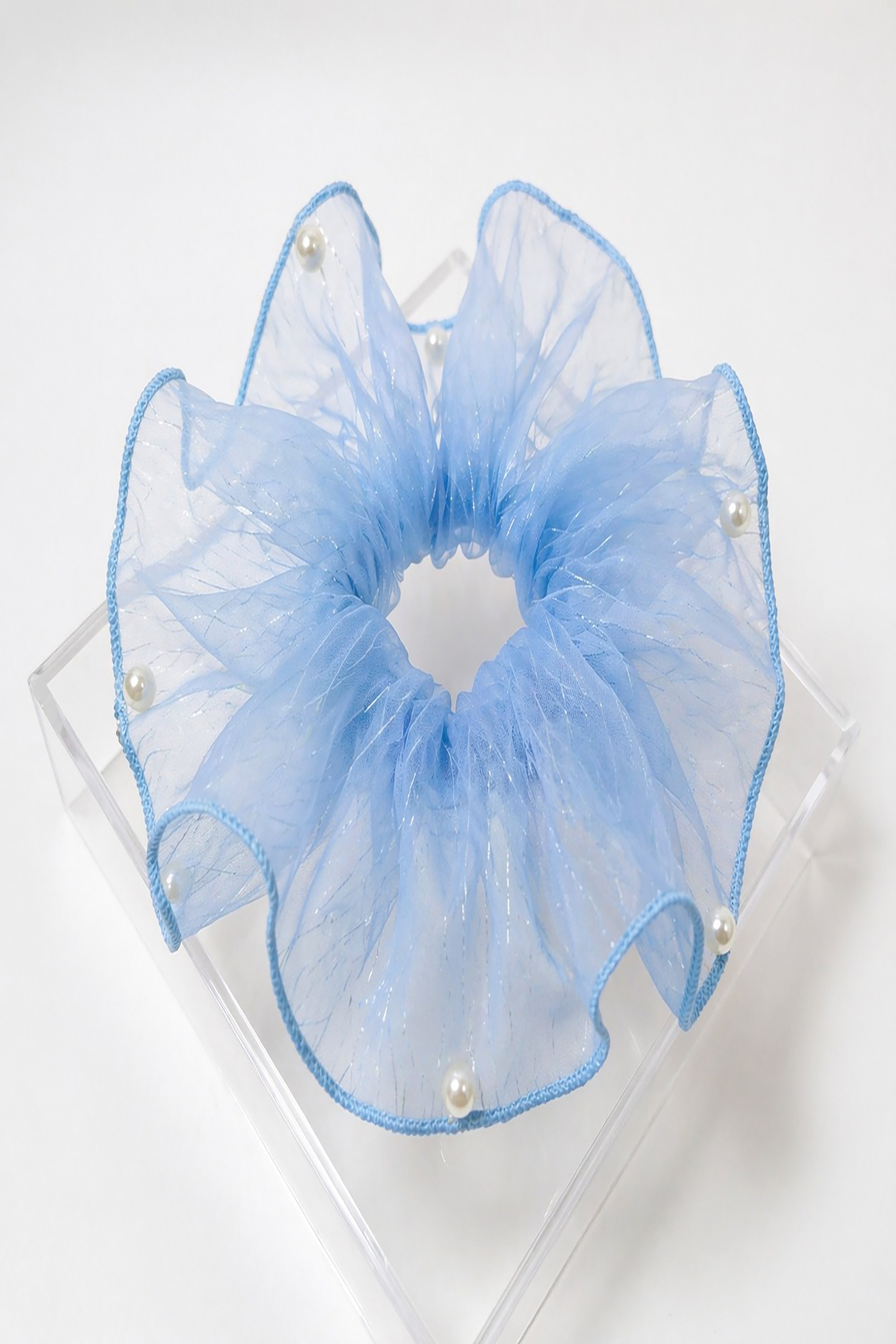 Pearl Organza Hair Scrunchie – Oversized Sheer Ruffle Ponytail Holder Elegant Hair Accessory